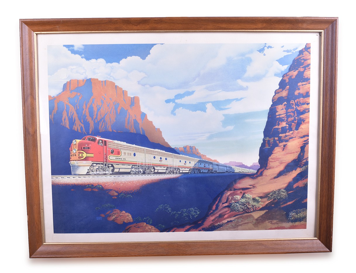 359 - Santa Fe Railroad Victor Beals Framed Advertising Poster w/ Streamlined Super Chief Passenger Train thumbnail