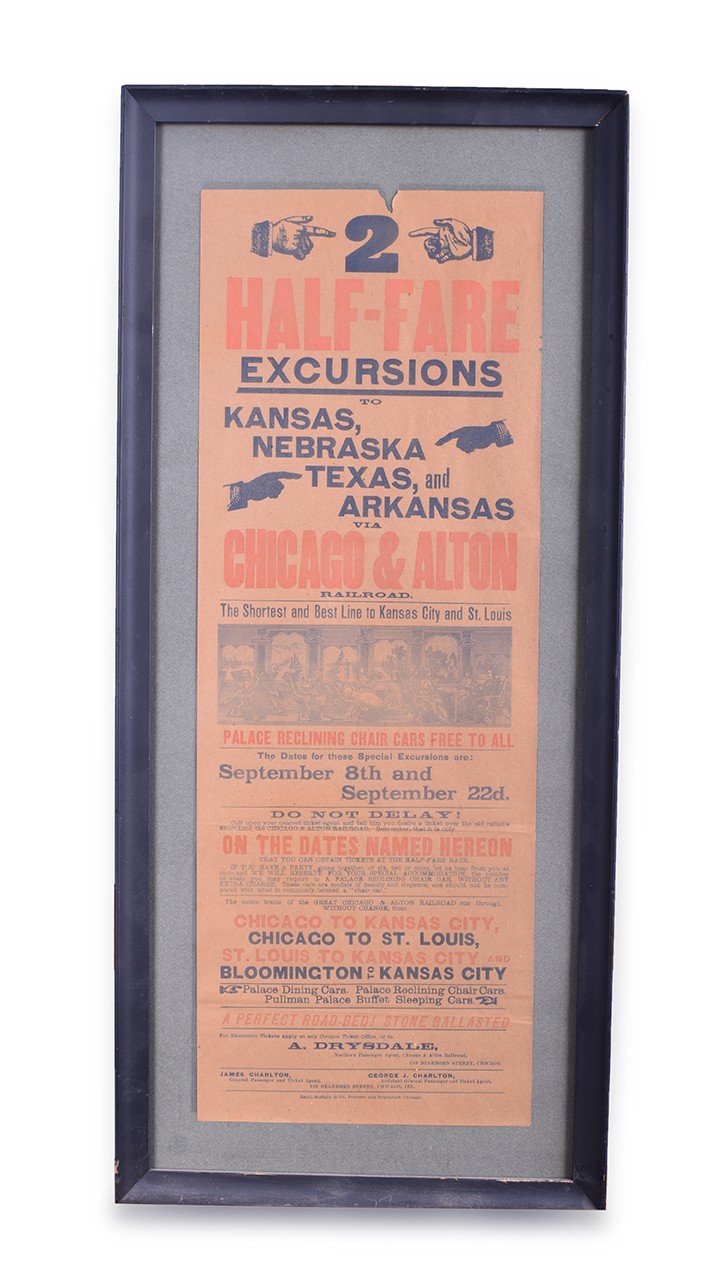 363 - Chicago & Alton Railroad Two Color Broadsheet Advertisement - Half Fare Excursions thumbnail