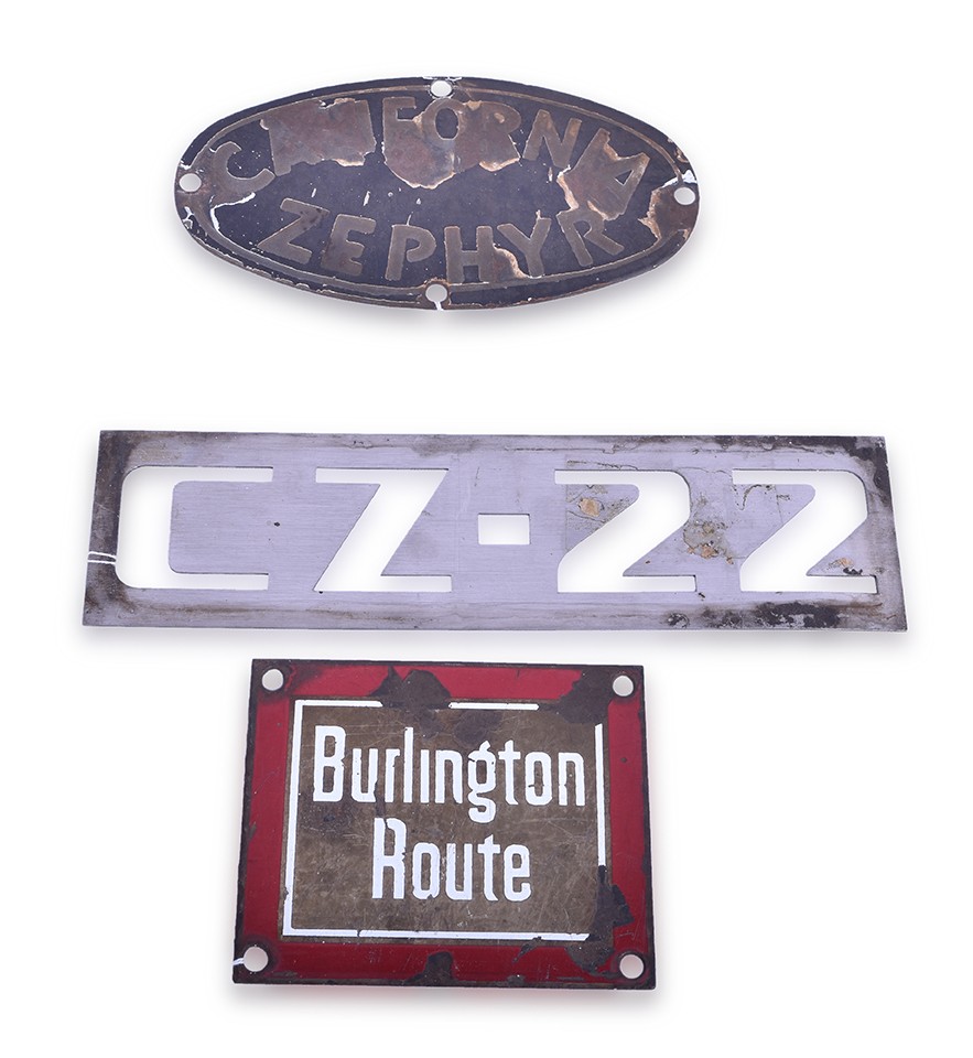 364 - California Zephyr Stainless Steel Number Plate, Porcelain Oval Sign, and Burlington Route Porcelain Sign thumbnail