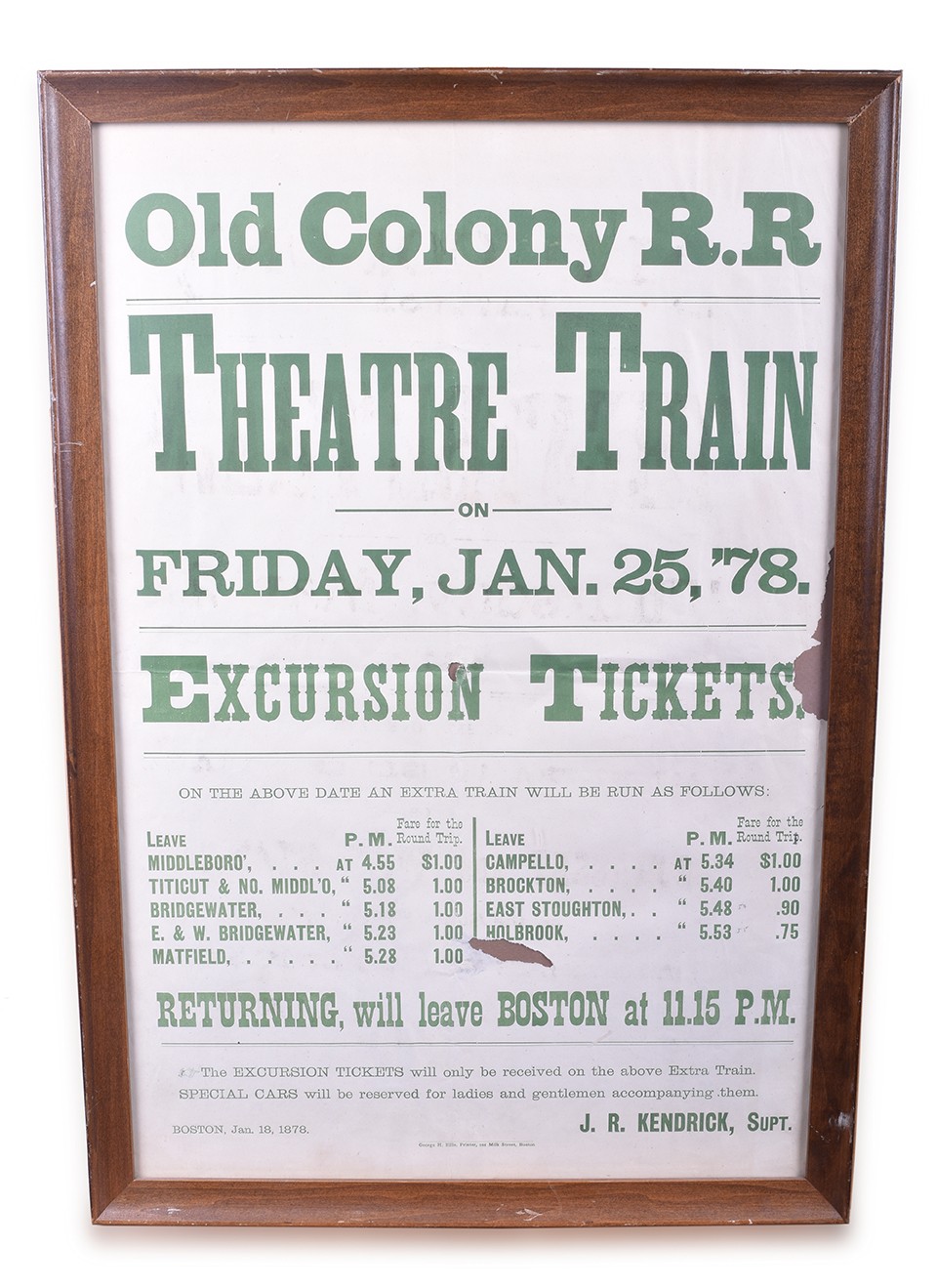 367 - Old Colony Railroad 1878 Theater Train Advertising Broadsheet / Poster thumbnail