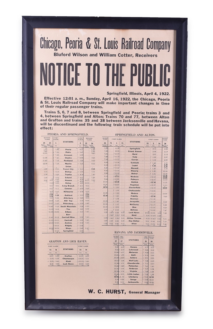 383 - Chicago, Peoria, & St. Louis Railroad 1922 Passenger Timetable Change Notice Broadsheet thumbnail