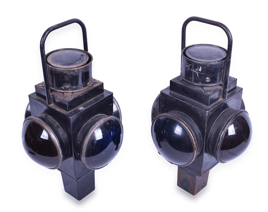 403 - Pair of Sheet Iron Square Body Railroad Switch Lamps w/ H.R. Sherwood Burners thumbnail