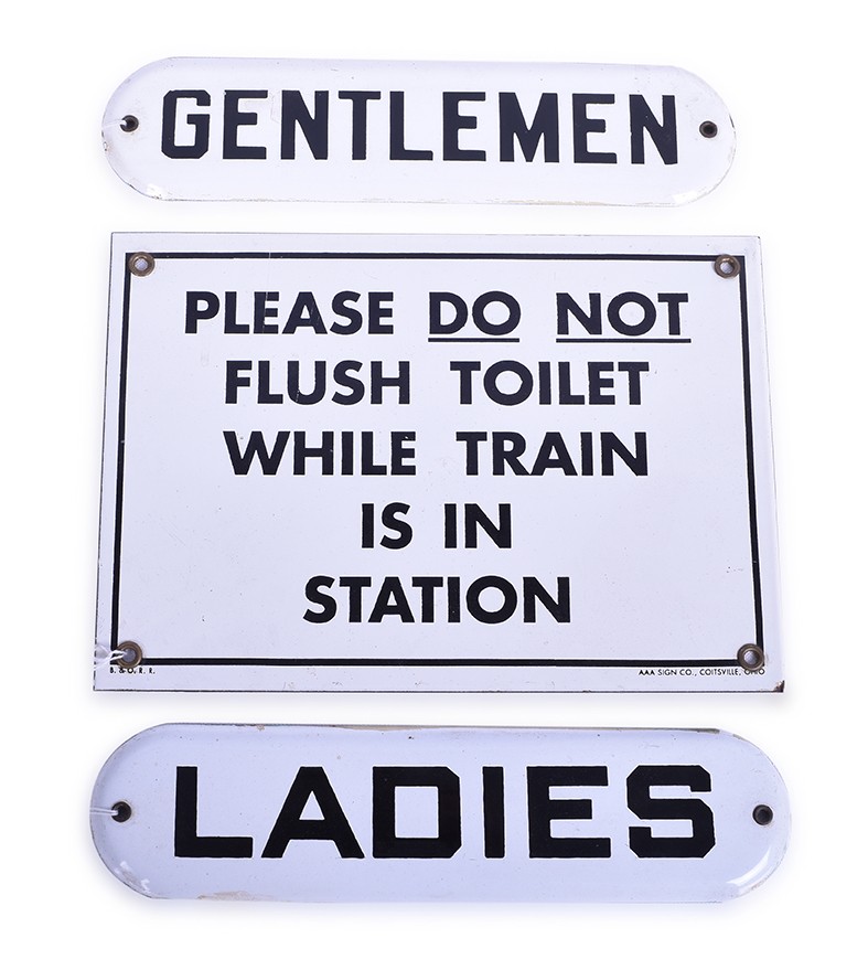 419 - Porcelain B&O Please Do Not Flush Sign and Ladies / Gentleman Bathroom Signs thumbnail