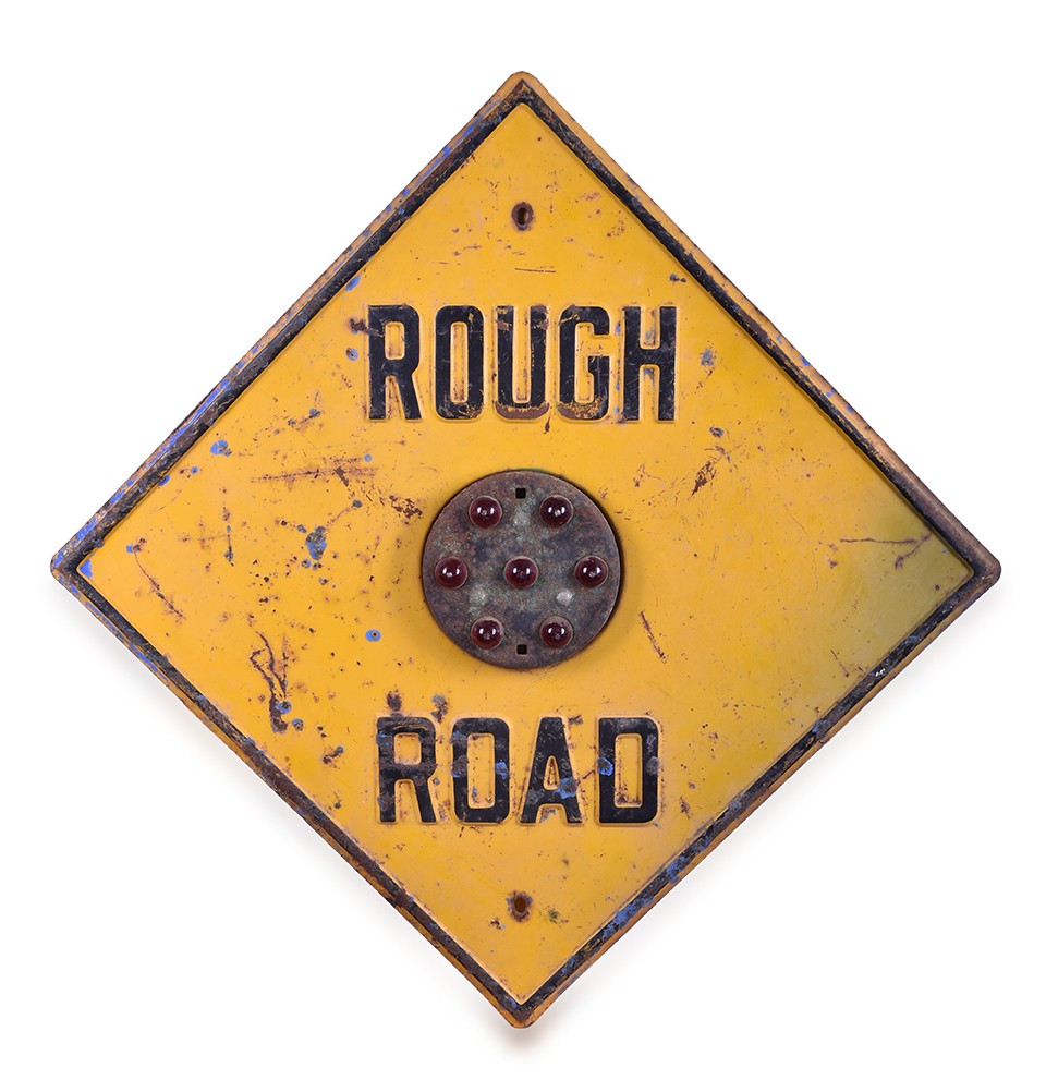 421 - Rough Road Pressed Steel Sign w/ Red Glass Cat Eye Reflectors thumbnail