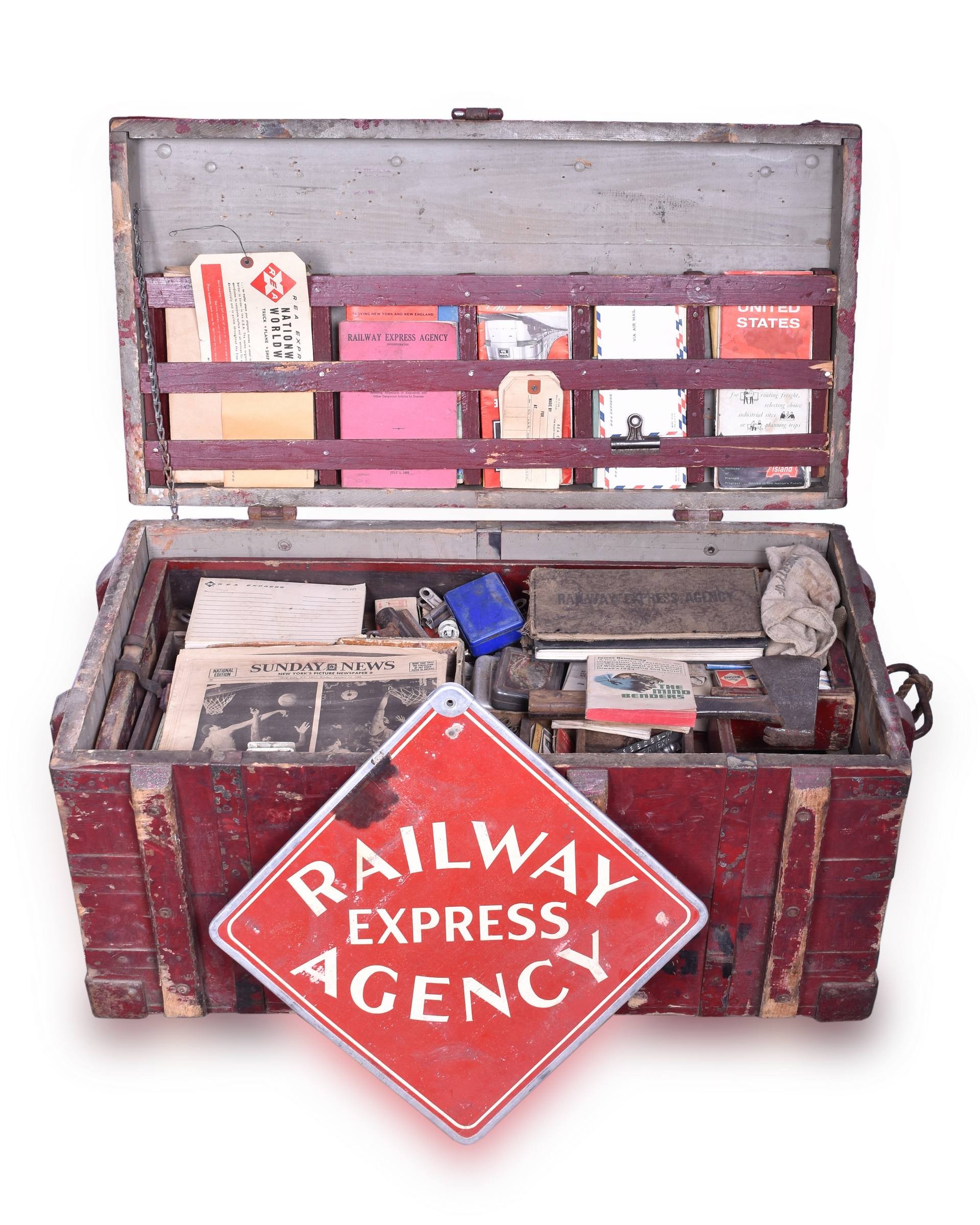 530 - Railway Express Agency Agent Wooden Trunk w/ Contents thumbnail