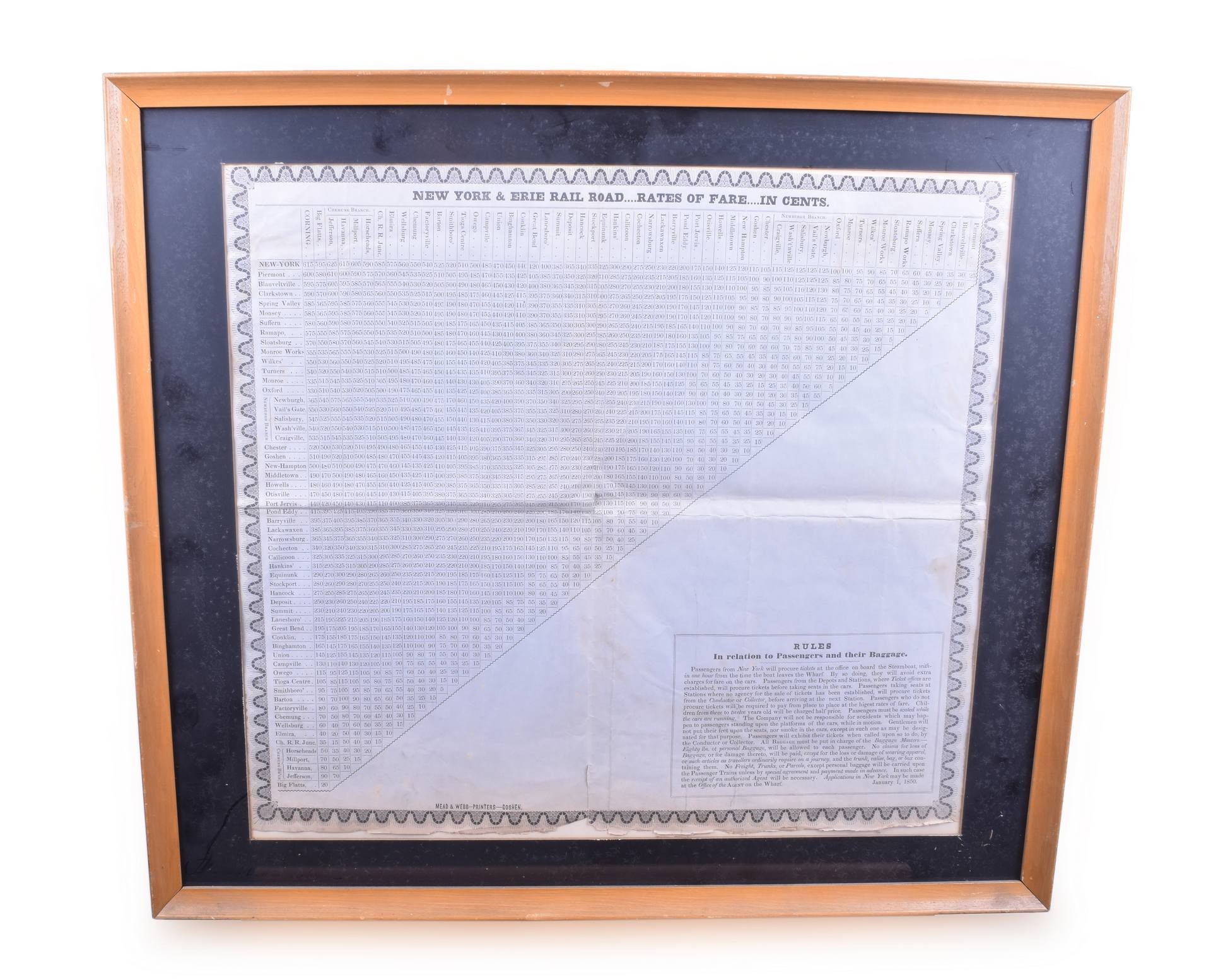 540 - New York & Erie Railroad 1850 Rates of Fare Table - Framed thumbnail