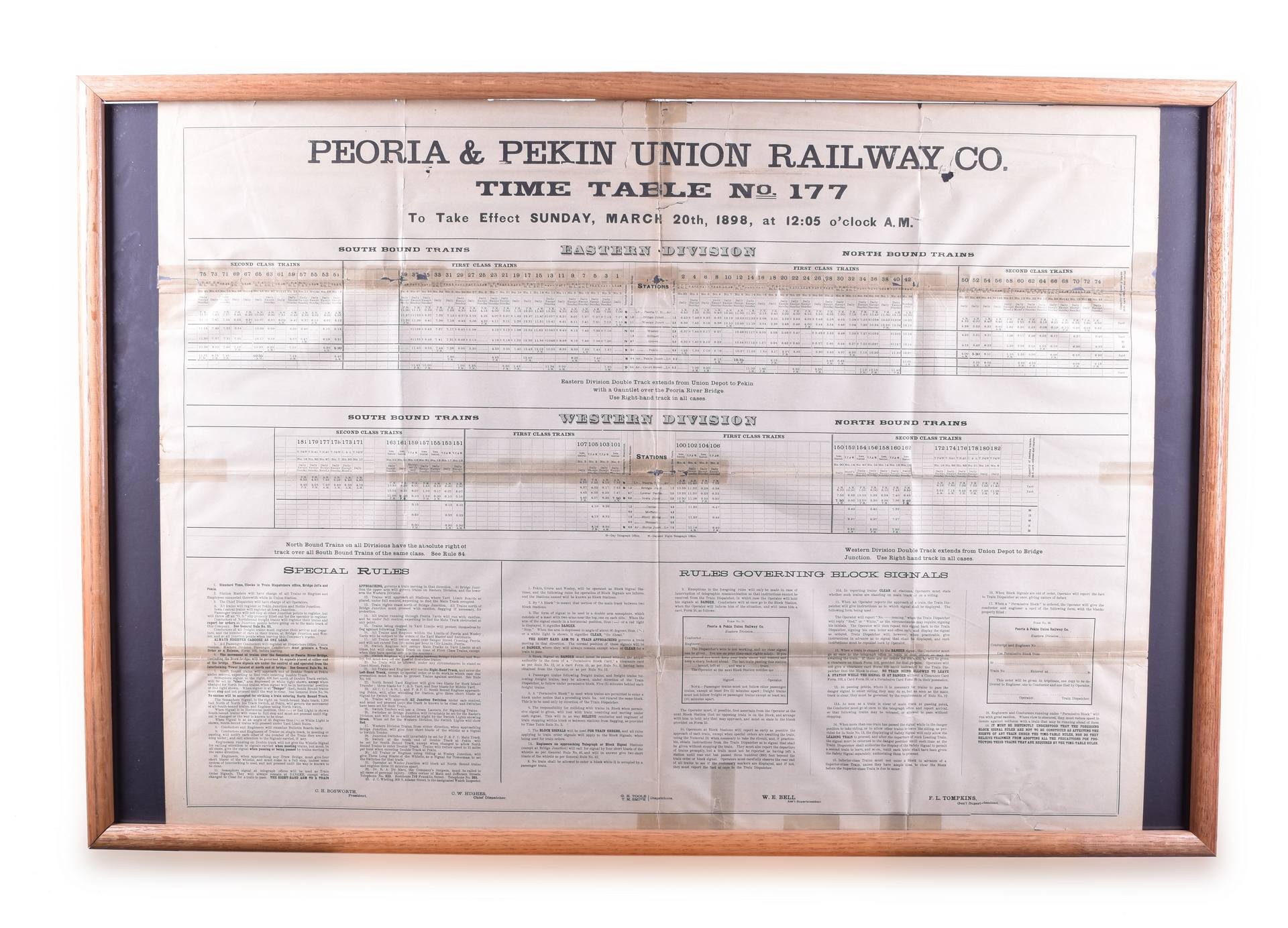560 - Peoria & Pekin Union Railway 1898 Large Framed Public Timetable thumbnail