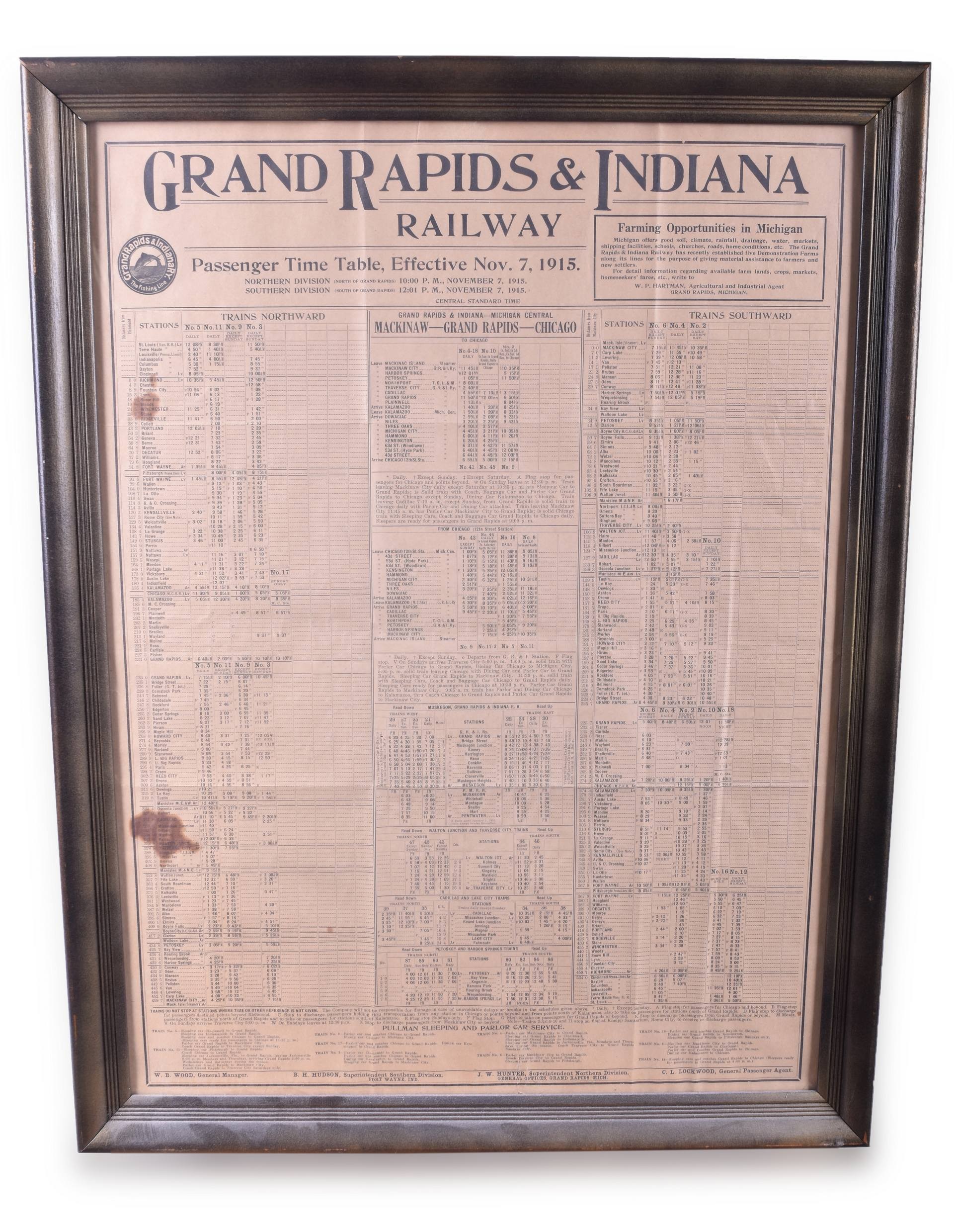 568 - Grand Rapids & Indiana Railway 1915 Large Framed Public Timetable thumbnail