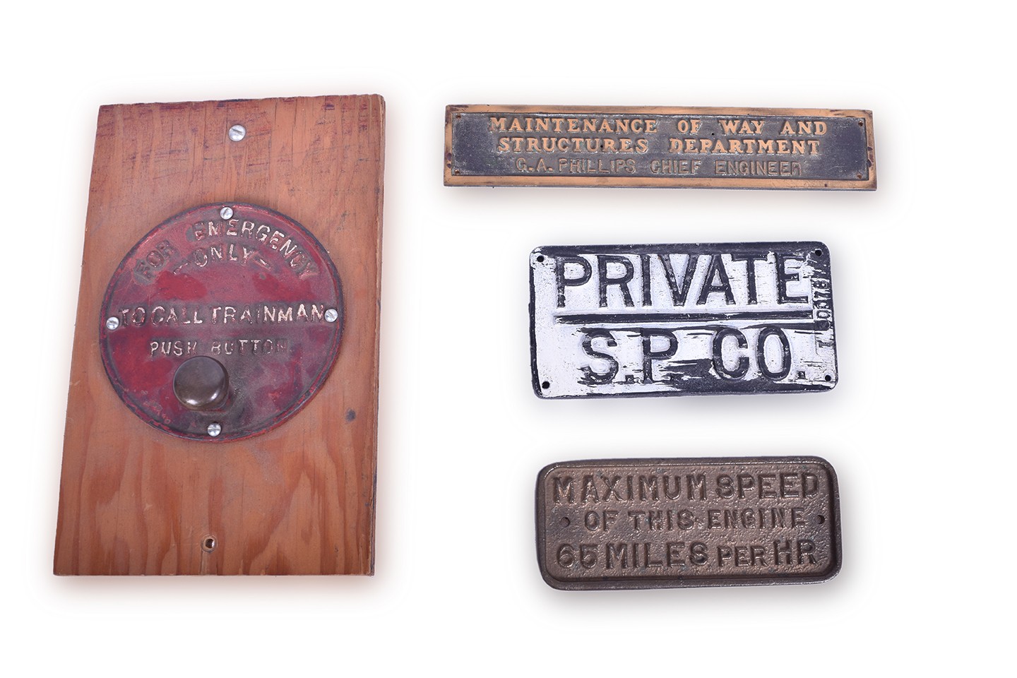 586 - Group of Cast Iron and Brass Railroadiana - Call Button, Maximum Engine Speed, etc. thumbnail