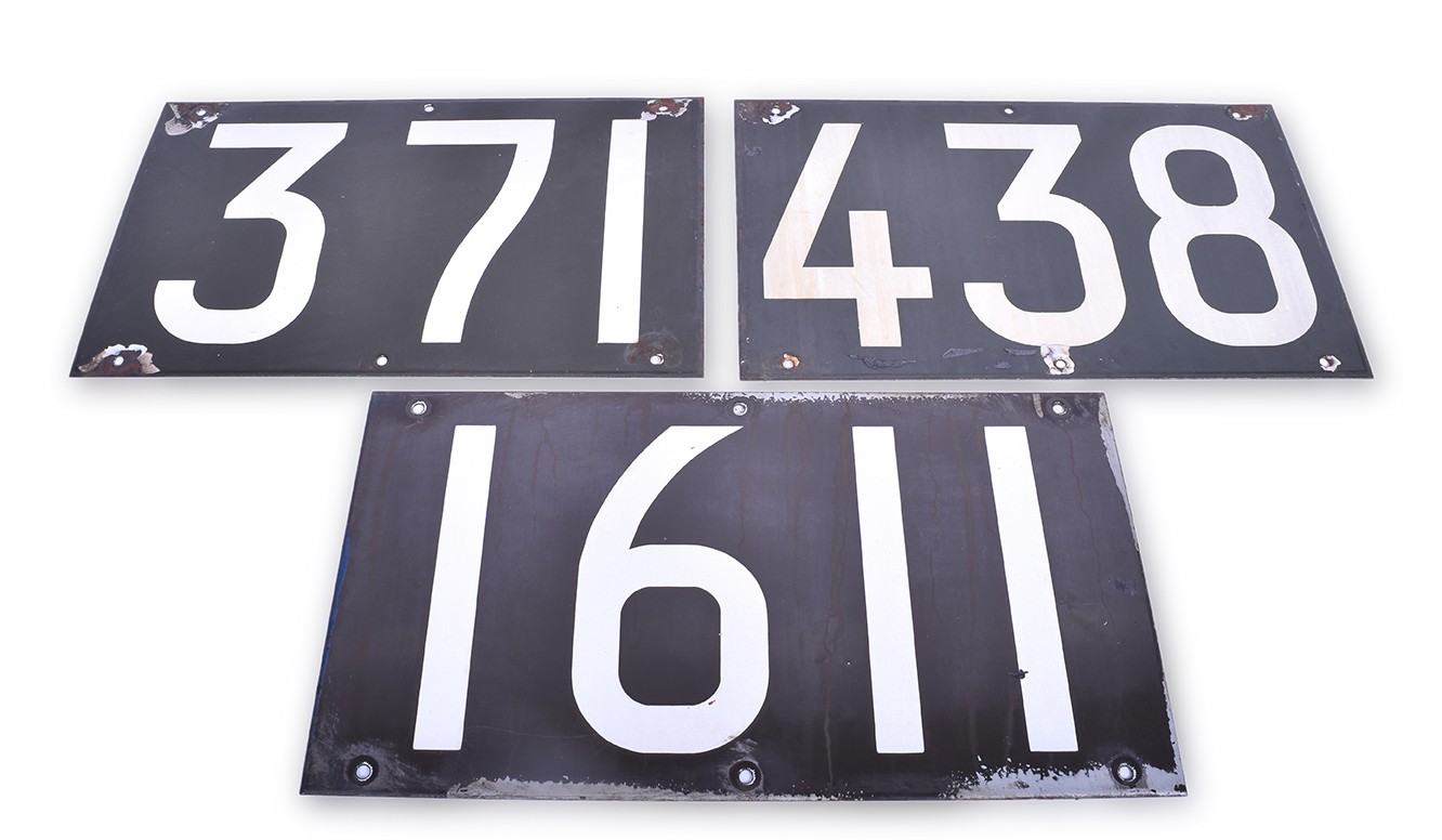 594 - Group of Three Porcelain Railroad Mile Post / Signal Number Signs thumbnail