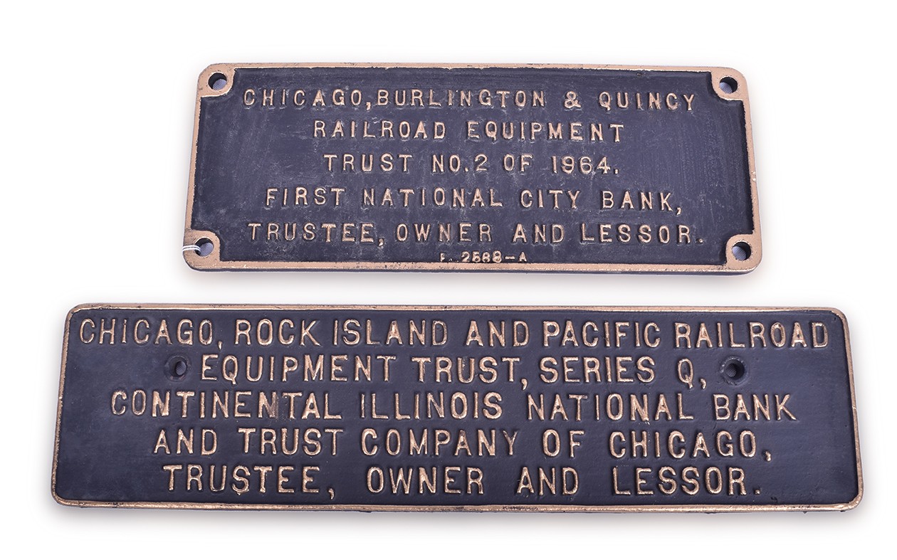 596 - Pair of Cast Railroad Trust Plates- CB&Q and Rock Island thumbnail