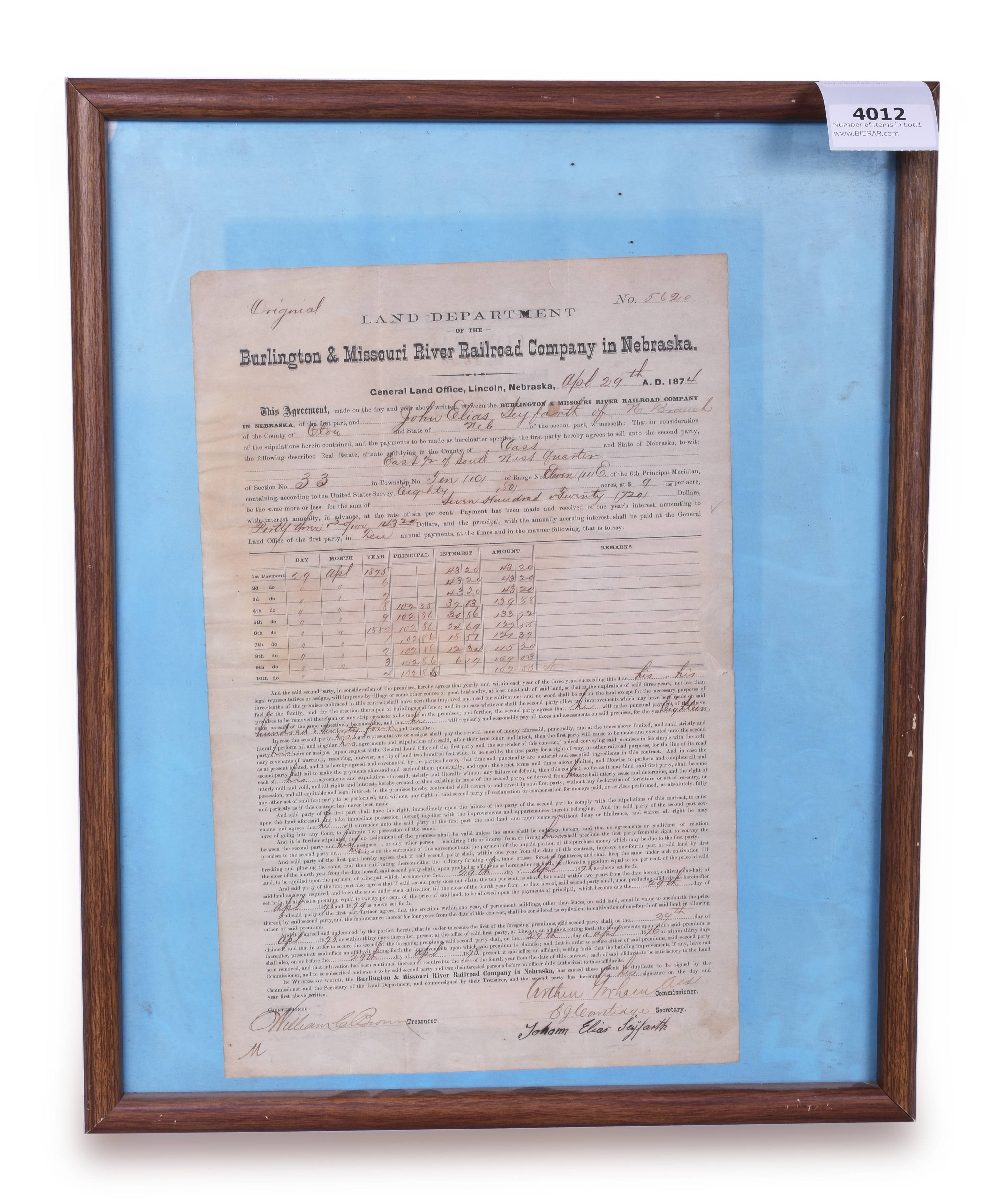 4012 - Original 1874 Burlington and Missouri River Railroad Land Department Land Sale Document thumbnail