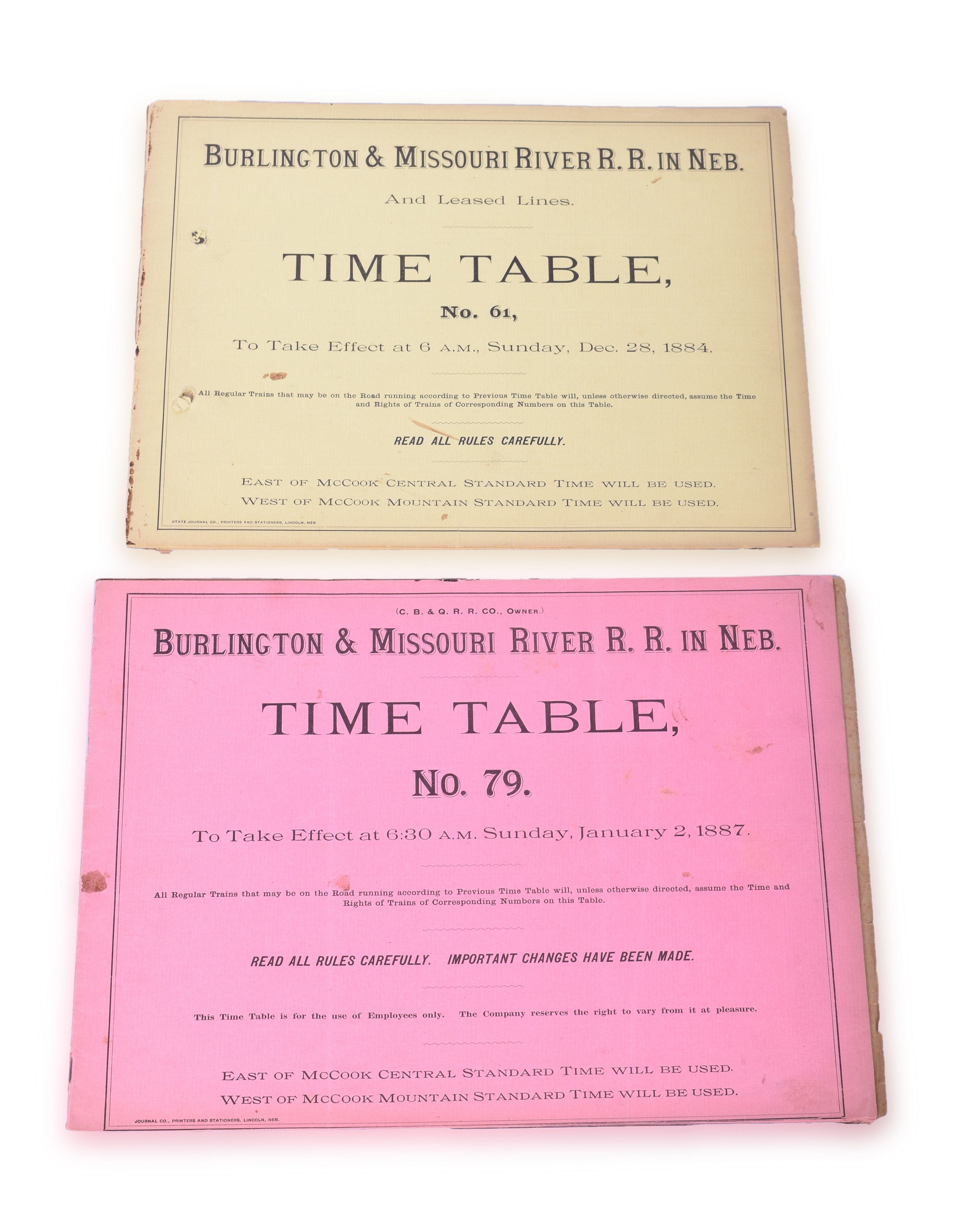 4014 - Burlington and Missouri River Railroad 1884 and 1887 Employee Timetables thumbnail