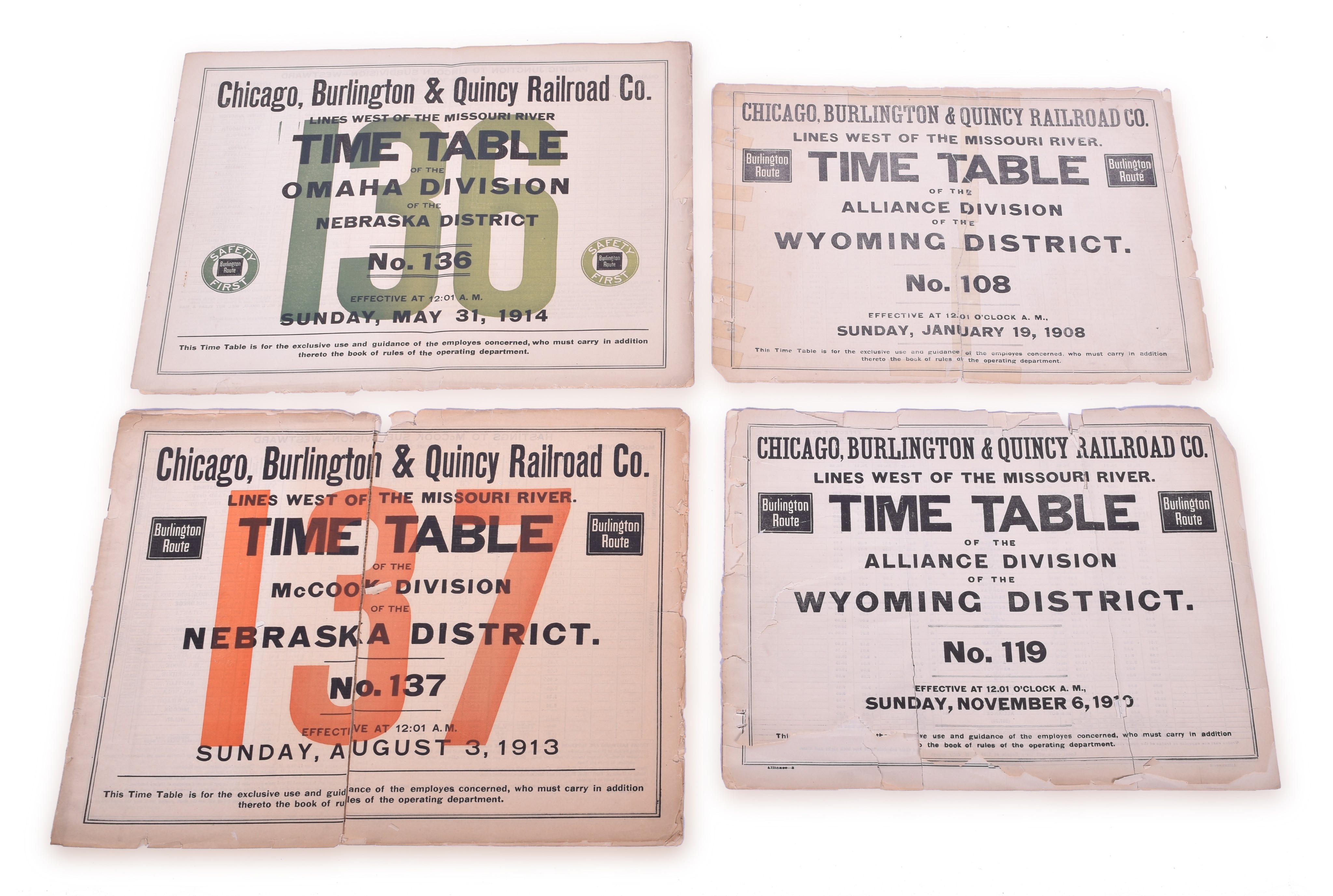 4016 - Group of three CB&Q / Burlington Employee Timetables - Wyoming and McCook Districts 1908, 1910, 1913 thumbnail