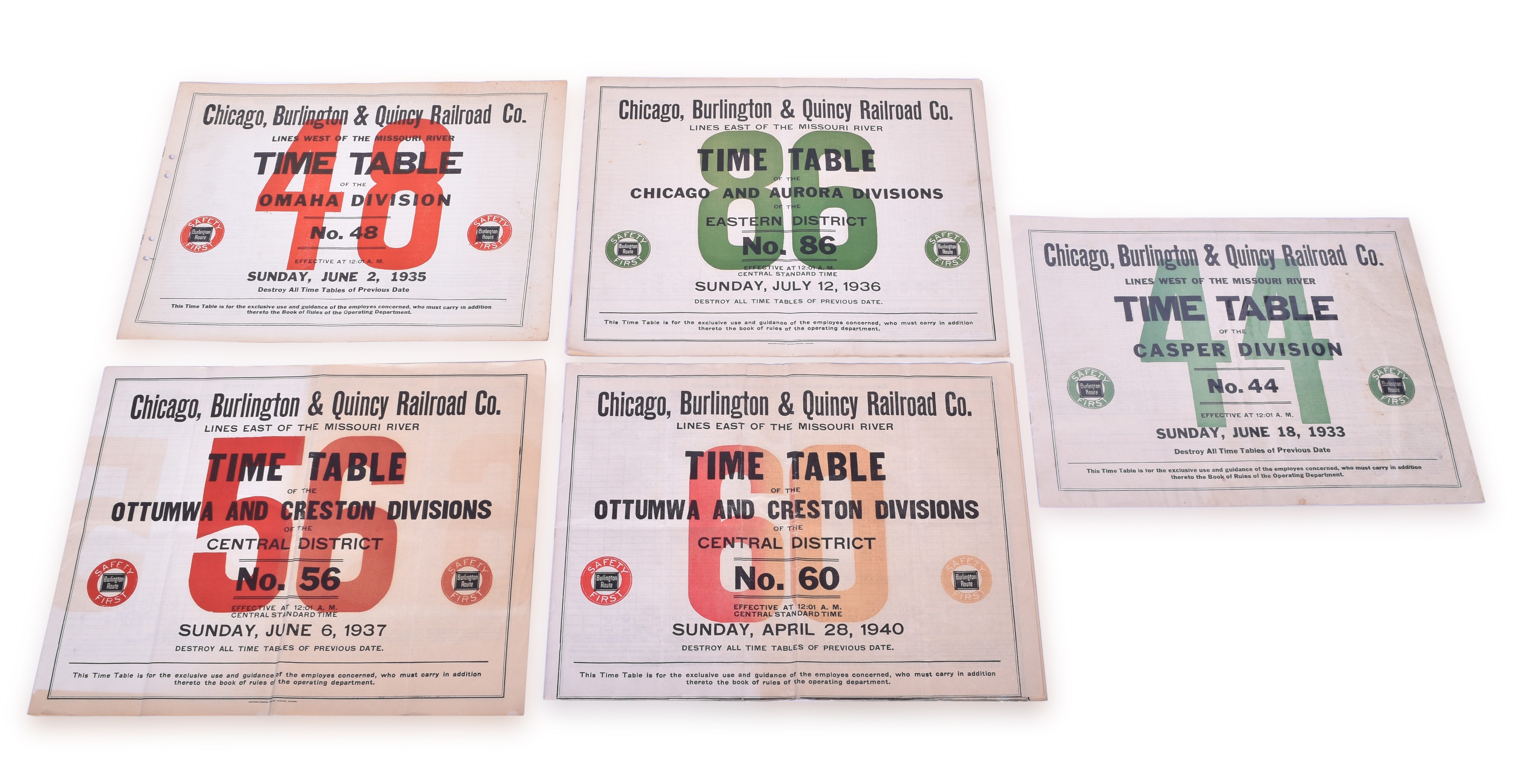 4018 - Group of Five CB&Q / Burlington Railroad Employee Timetables - Casper, Omaha, Chicago, and Ottumwa Divisions thumbnail