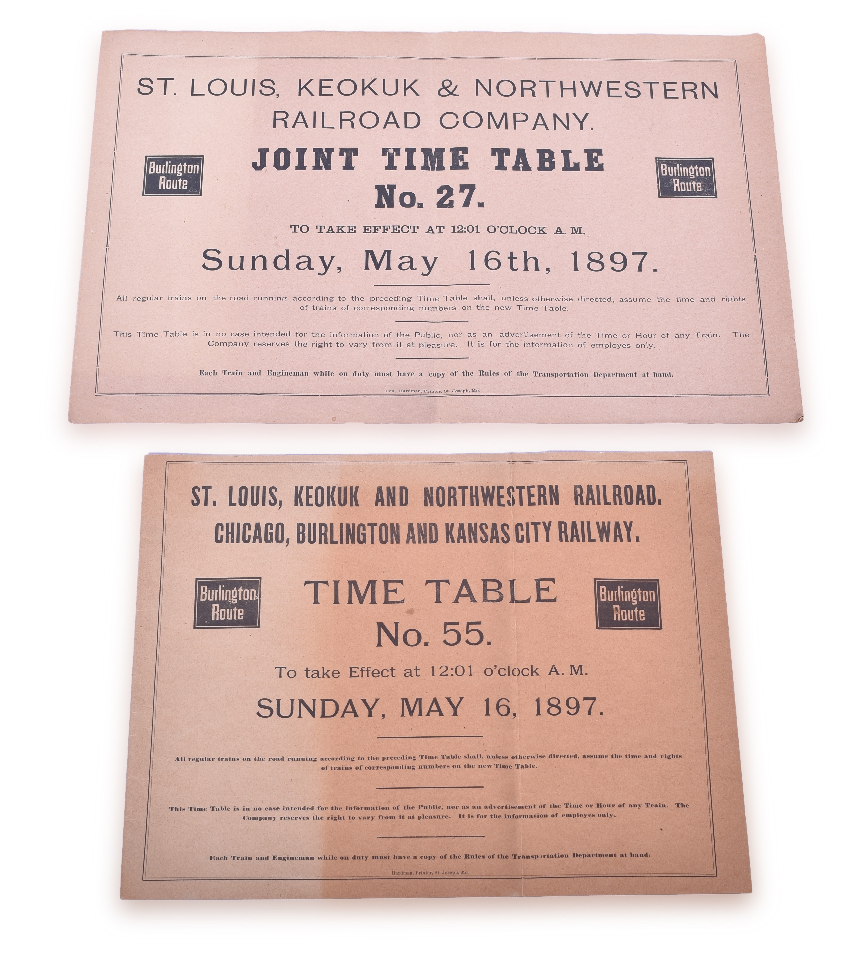 4024 - St. Louis, Keokuk and Northwestern Railroad / Chicago, Burlington and Kansas City Railway Pair of 1897 Employee Timetables thumbnail
