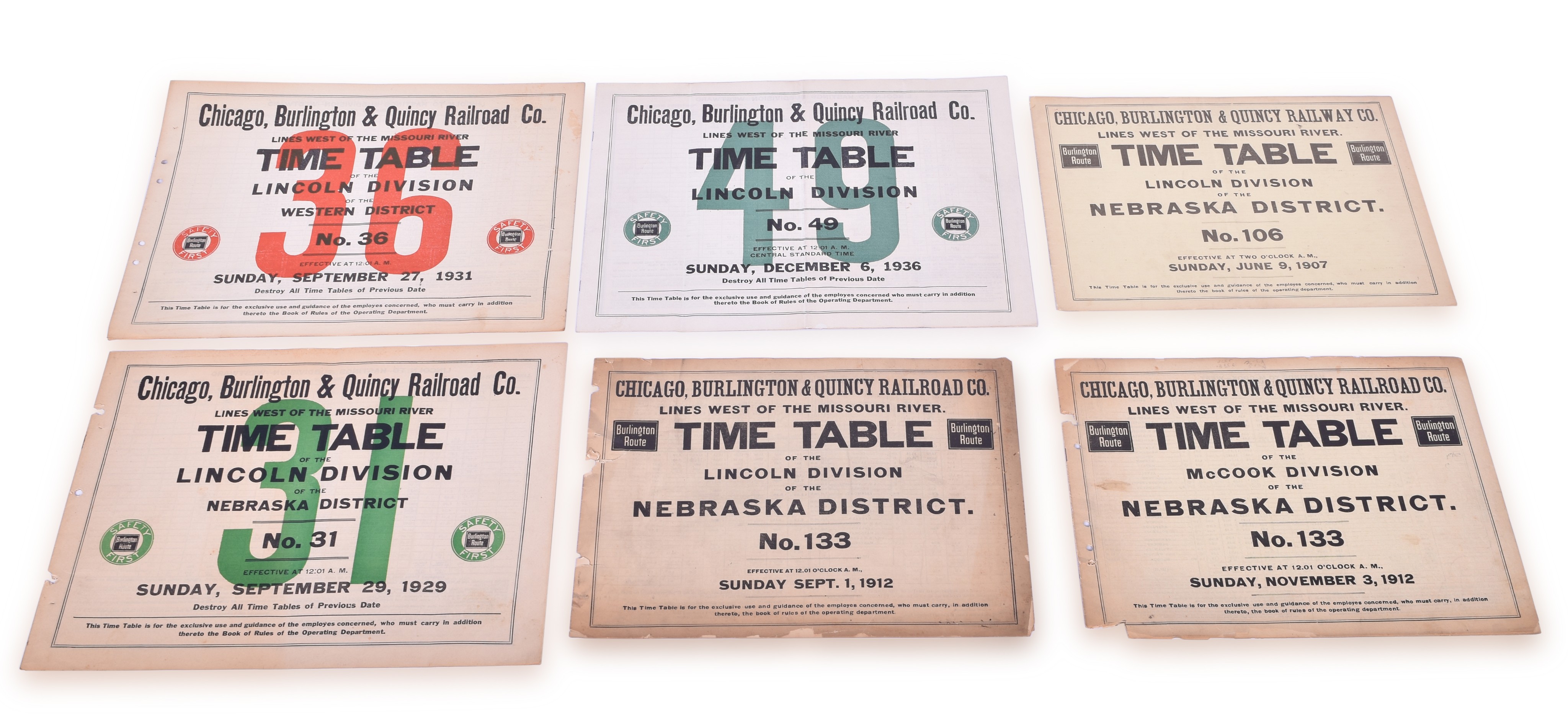 4026 - Group of six CB&Q / Burlington Employee Timetables - Lincoln and McCook Division - 1913, 1929, 1912, 1931, 1936 thumbnail