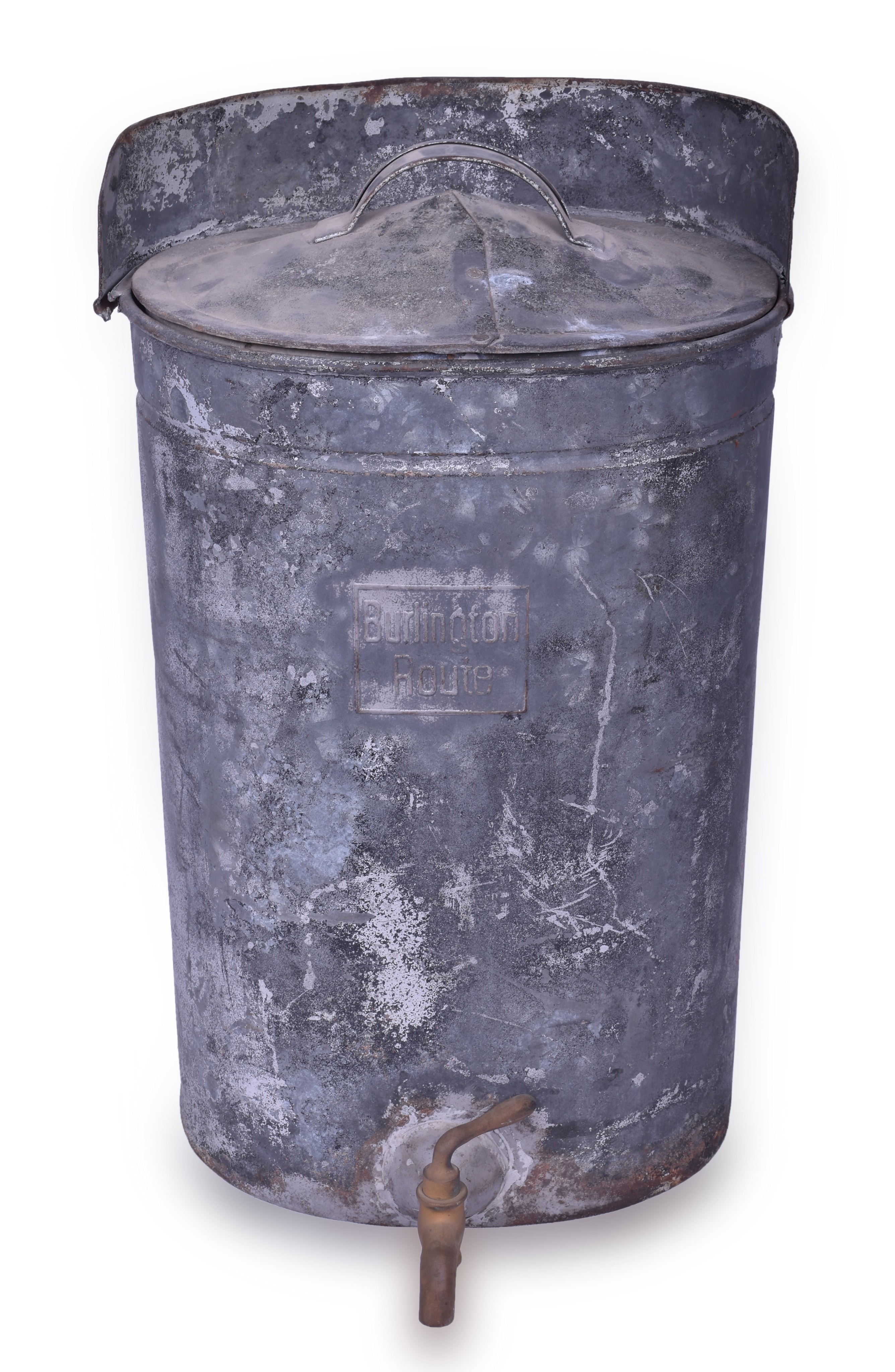 4044 - Large Burlington Route Galvanized Water Cooler with Spout and Embossed Herald thumbnail