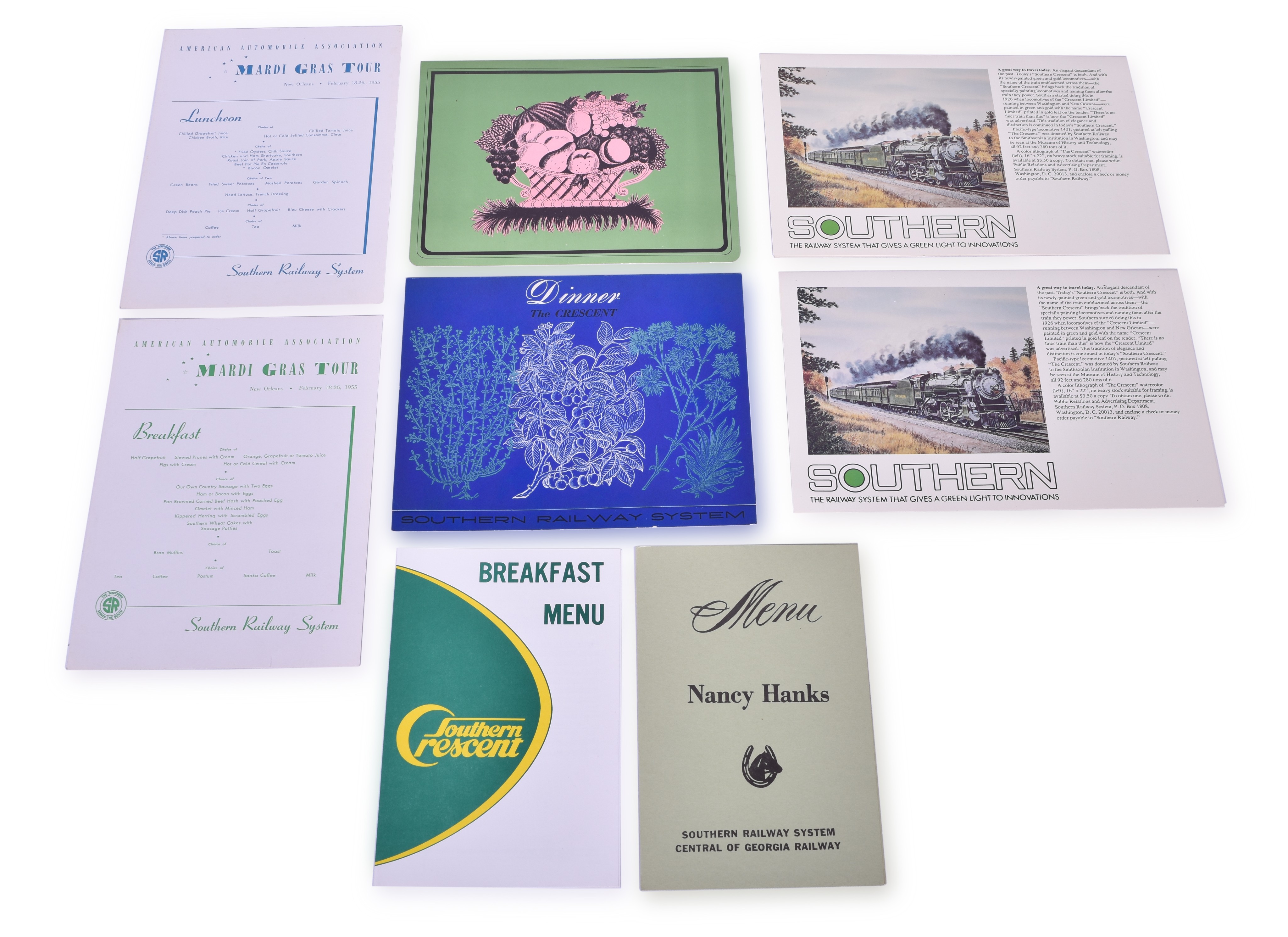 4045 - Eight Southern Railroad Menus- Dated Mardi Gras Tour, Crescent, and More thumbnail