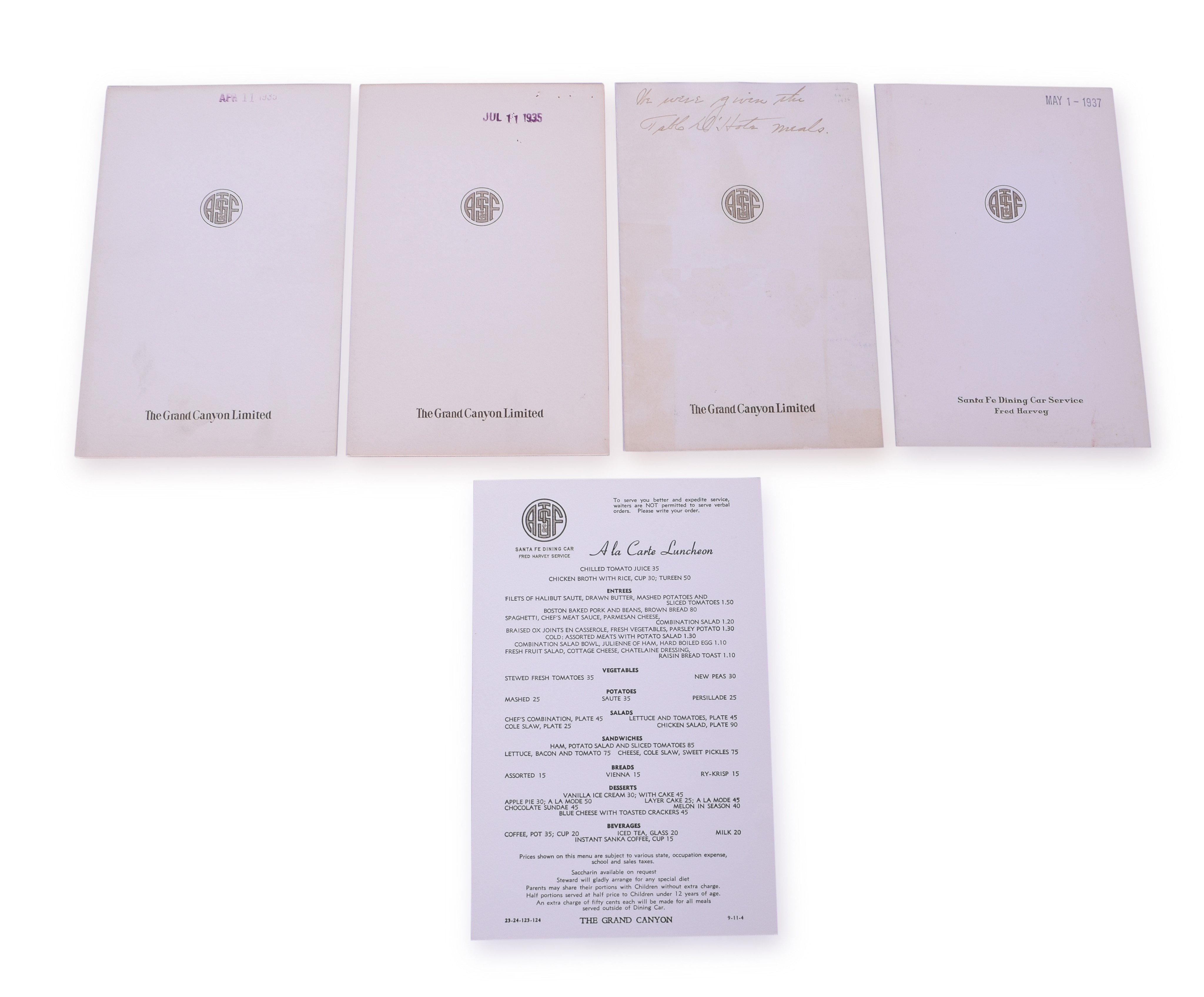 4047 - Five Santa Fe Grand Canyon Limited / Fred Harvey Dining Menus thumbnail