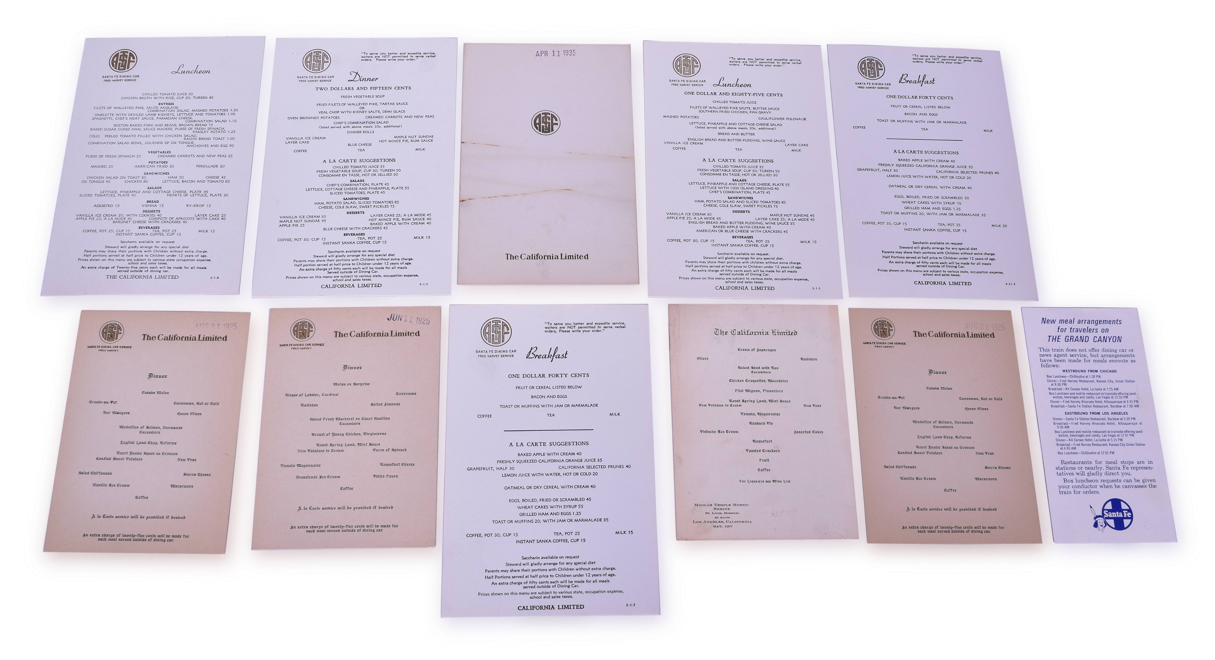 4053 - Group of eleven Santa Fe California Limited Menus - 1907 Moolah Temple Mystic Shrine and more thumbnail