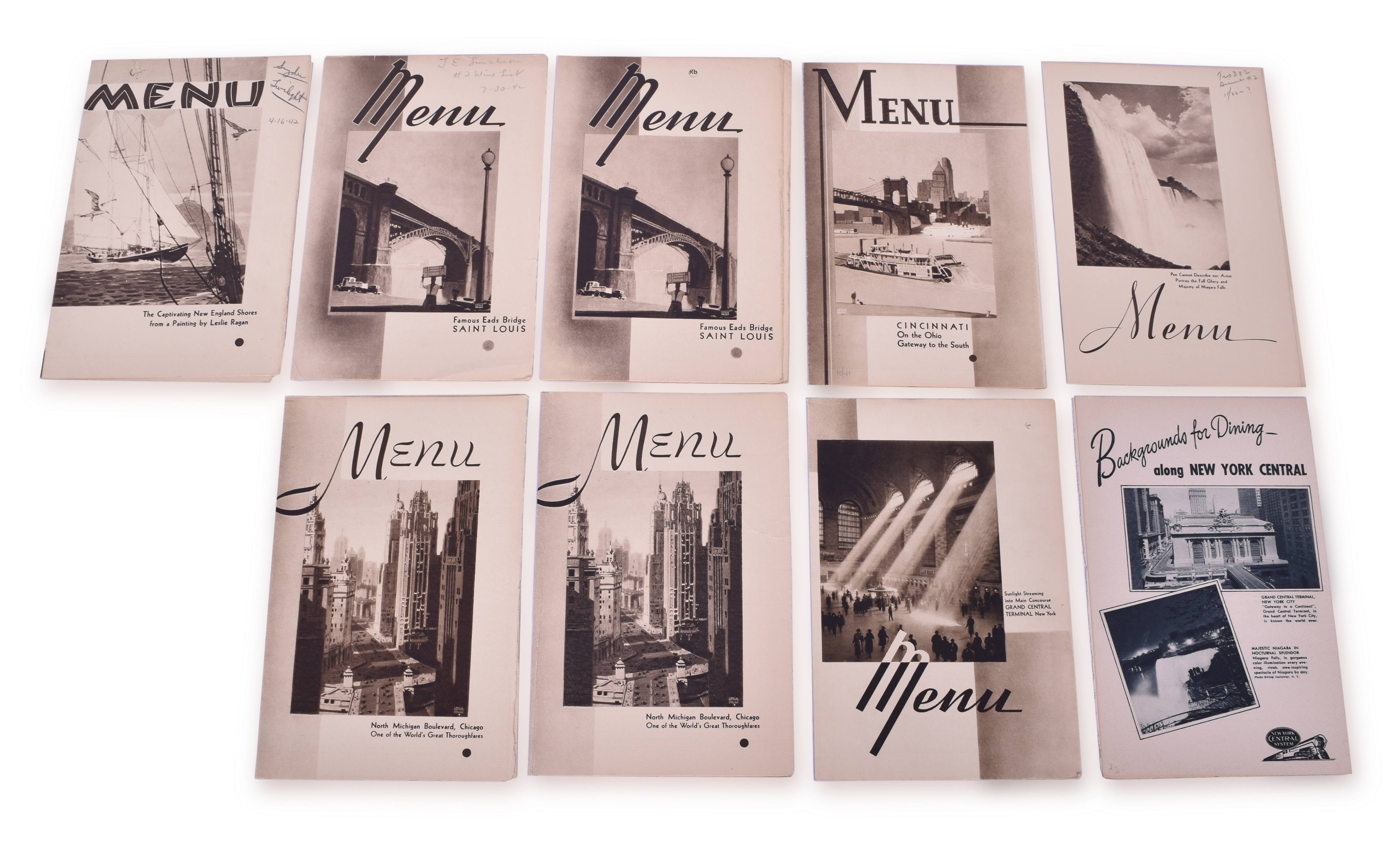 4059 - Group of nine New York Central Picture Front Menus - Pacemaker, War Time Dining Service, etc. thumbnail