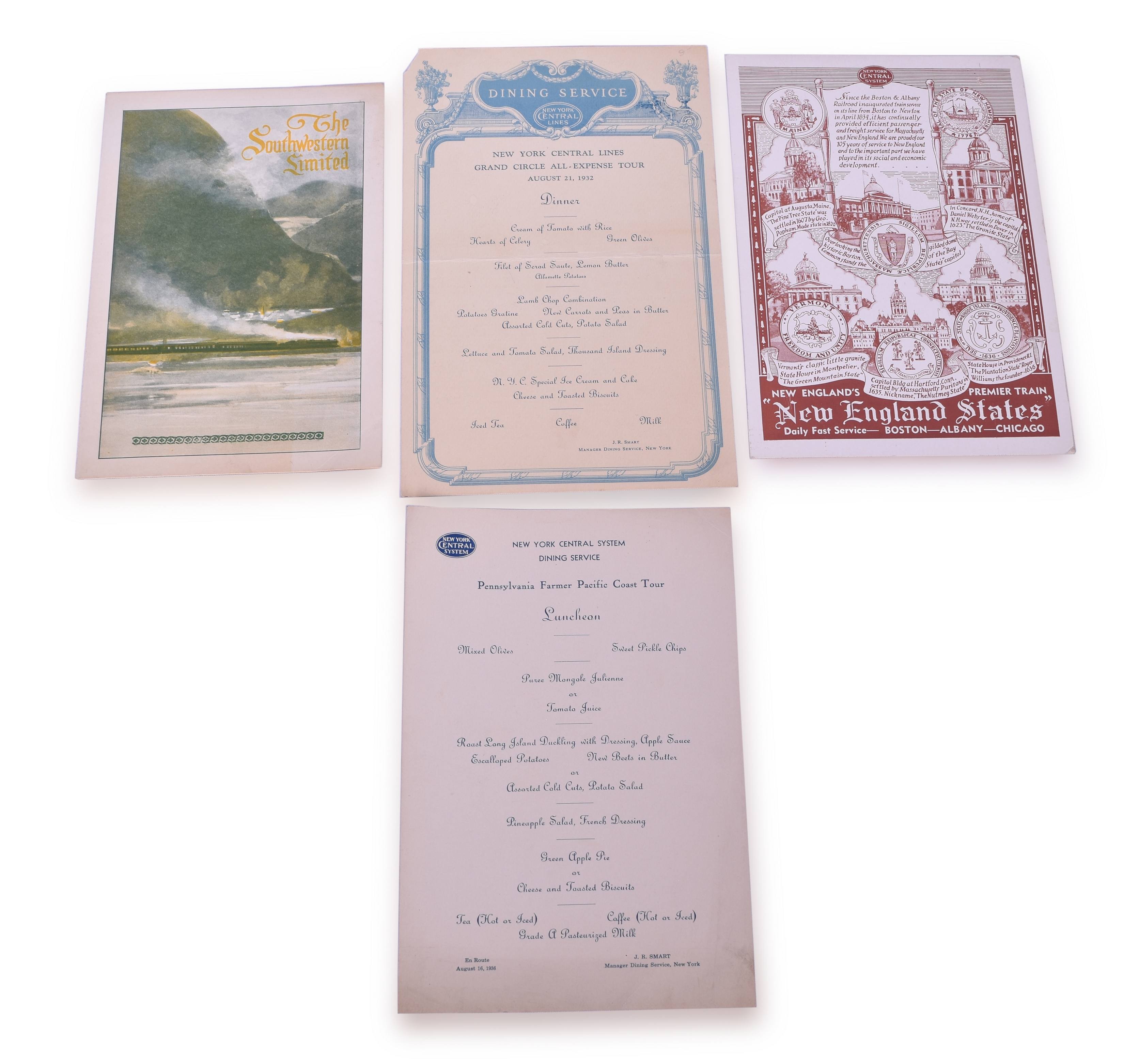 4071 - Four New York Central Menus - 1932 Grand Circle Tour, Pennsylvania Farmer Pacific Cost Tour, etc. thumbnail