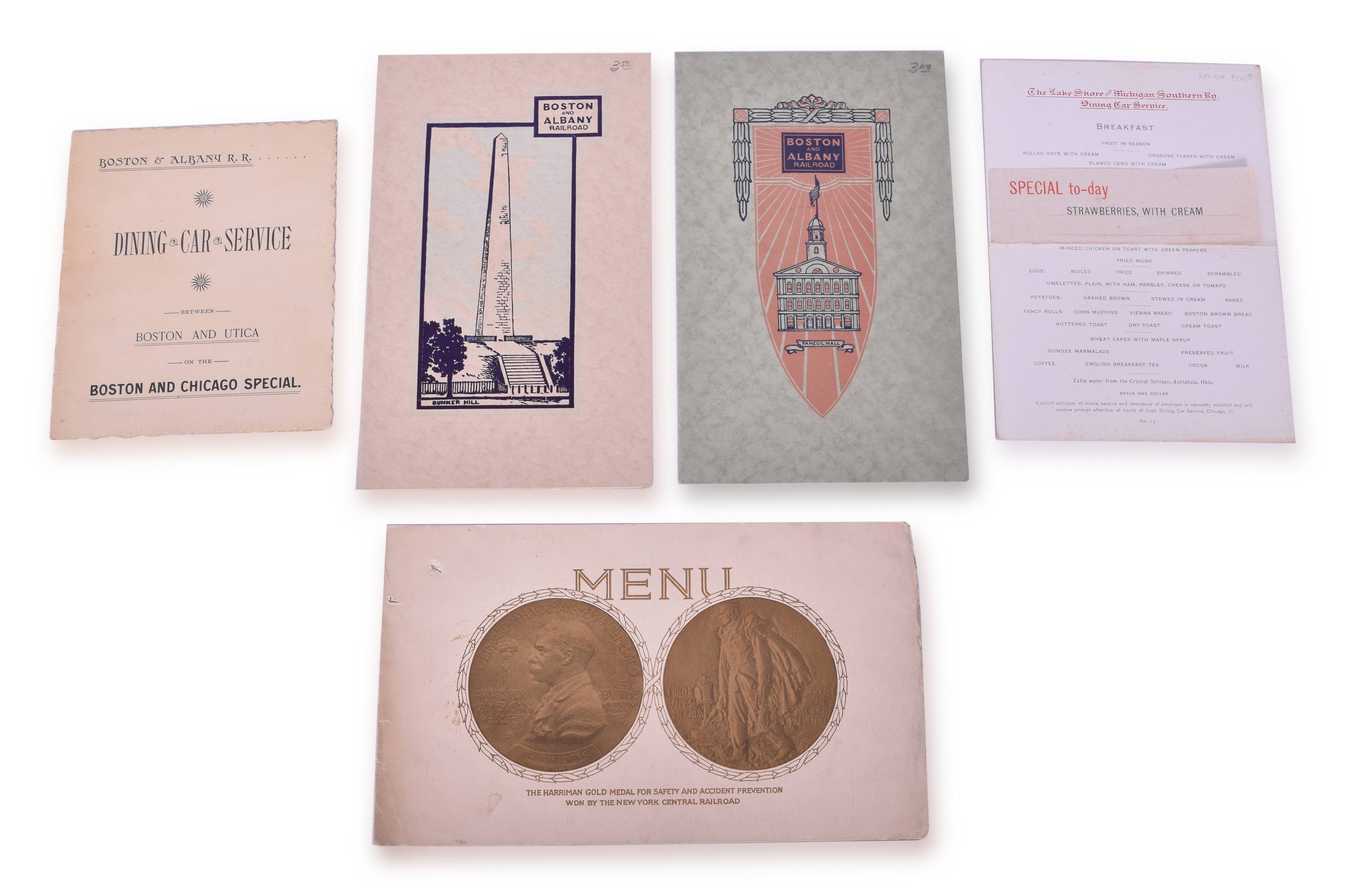 4075 - Five Dining Car Menus - B&A 1891, LS&MS 1904, Michigan Central Harriman, and B&A Bunker Hill thumbnail