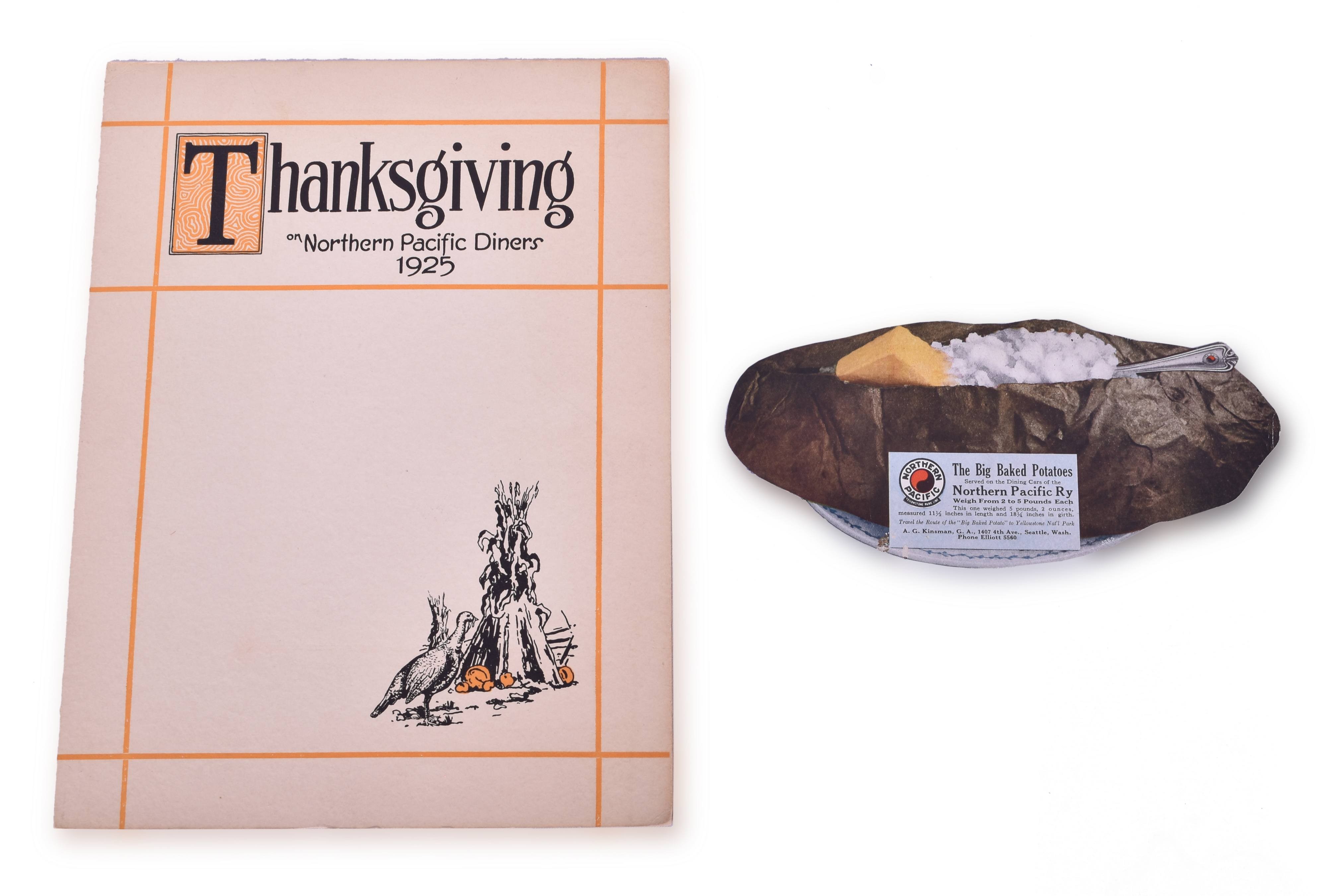 4079 - Northern Pacific Railroad Thanksgiving 1925 Menu and Big Baked Potato Advertisement thumbnail
