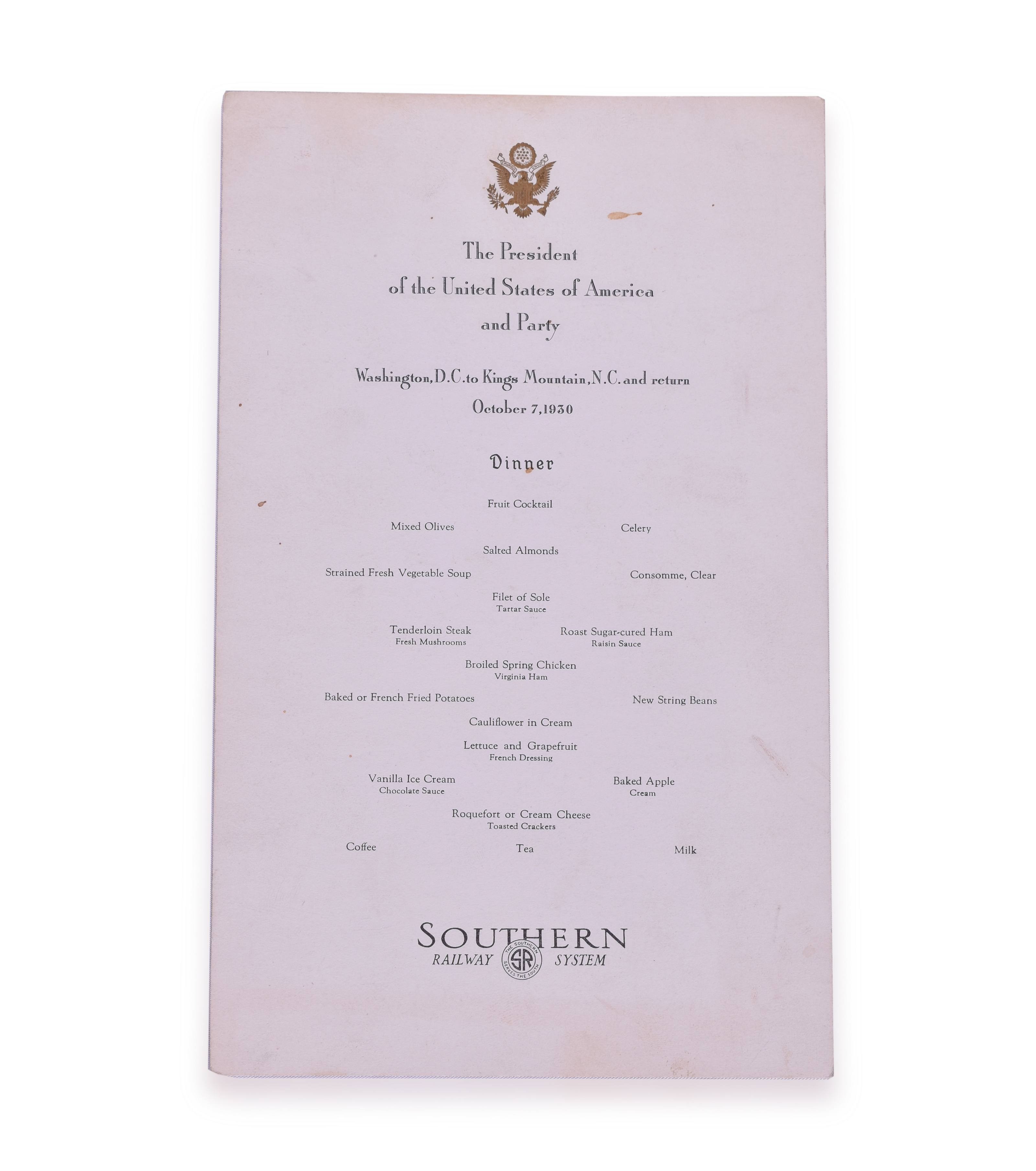 4089 - Southern Railway President Hoover Dining Car Menu - Battle of Kings Mountain Trip thumbnail
