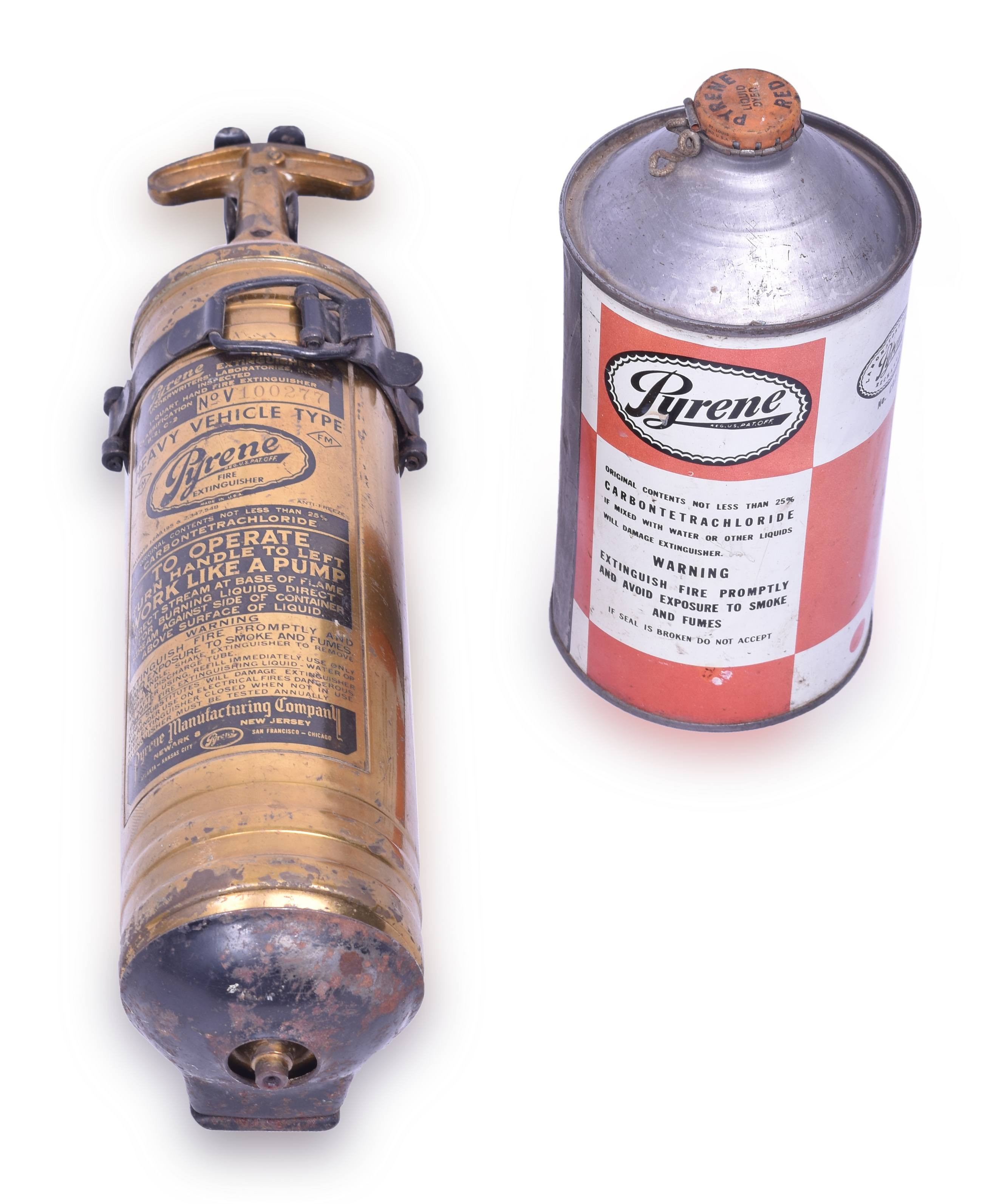 4090 - Burlington Railroad Brass Pyrene Fire Extinguisher W/ Wall Mount and Refill Bottle thumbnail