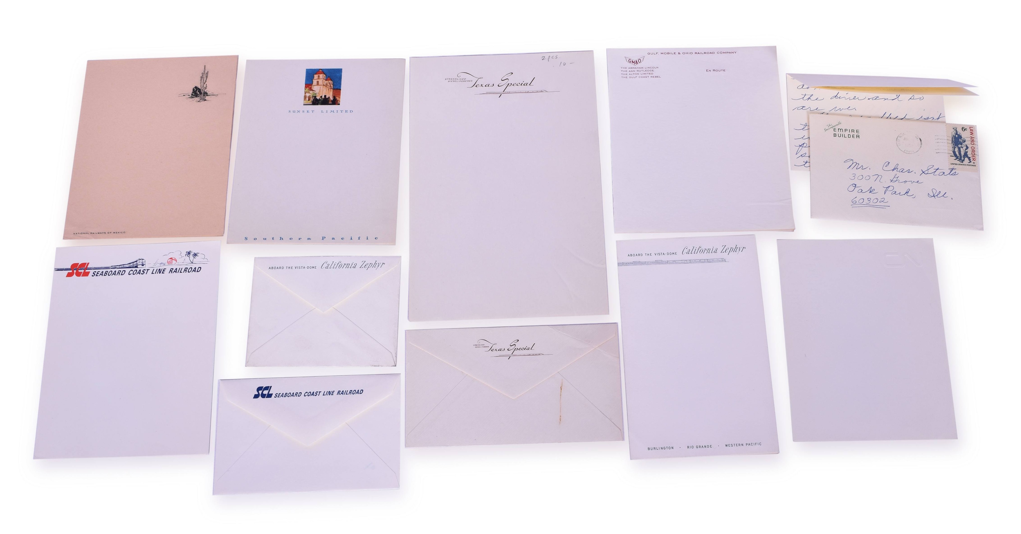 4091 - Eleven Pieces of Railroad Stationary - National Railways of Mexico, California Zephyr, Texas Special, Southern Pacific / Sunset Limited, etc. thumbnail
