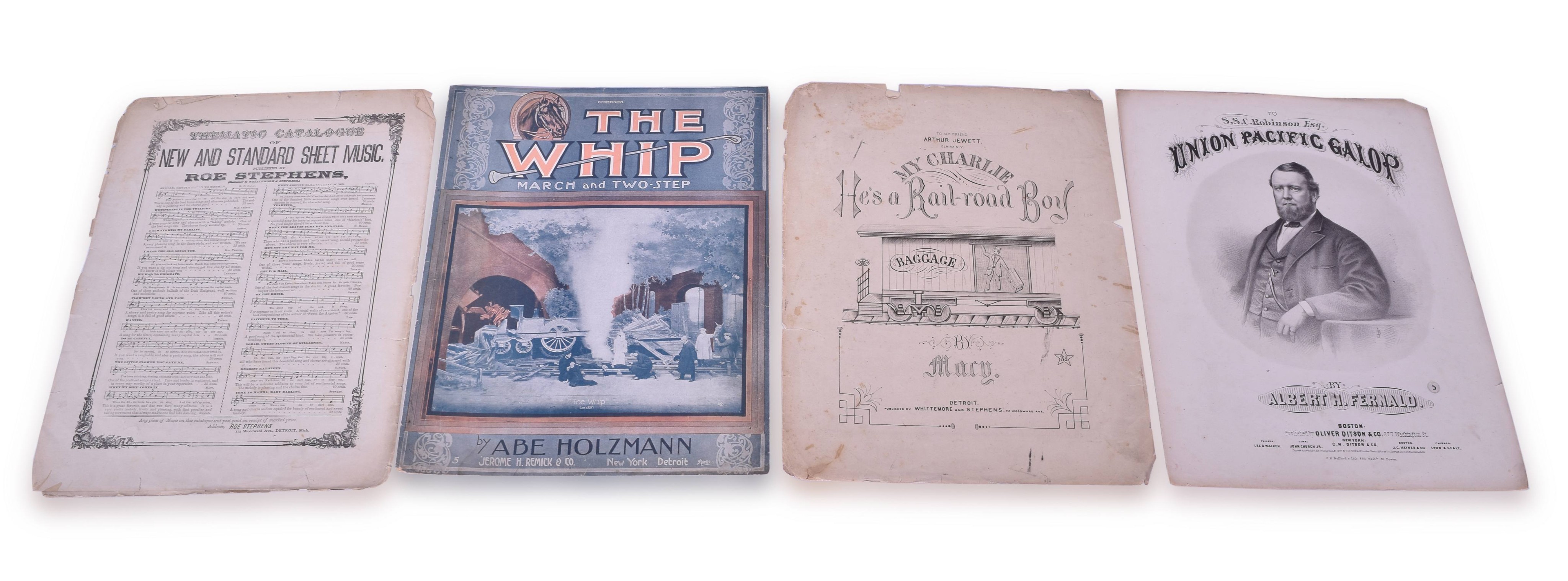 4105 - Three Pieces of Railroad Related Sheet Music - Union Pacific Galop, My Charlie He's a Railroad Boy, The Whip thumbnail