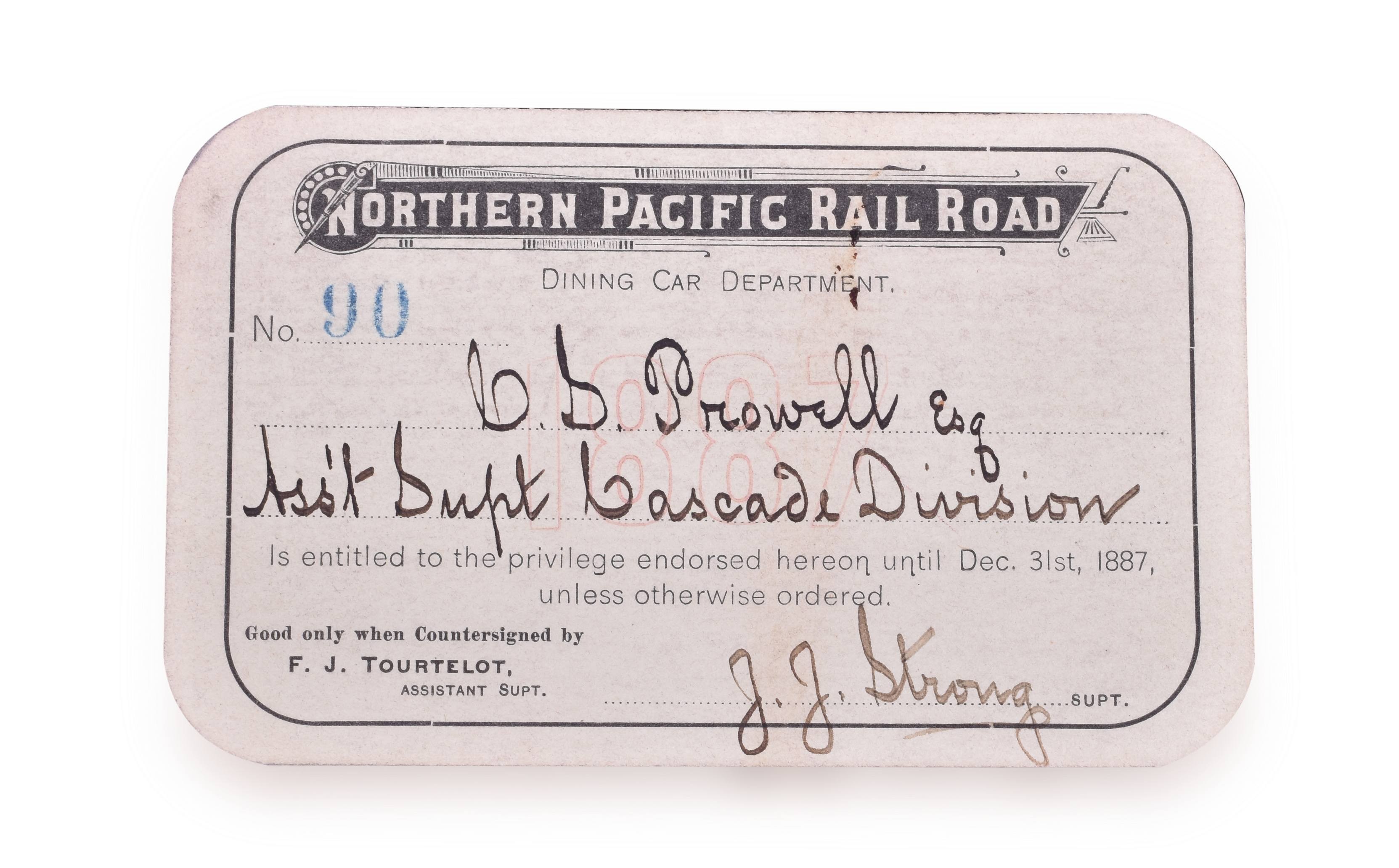 4107 - Northern Pacific Railroad 1887 Numbered Dining Car Department Pass thumbnail