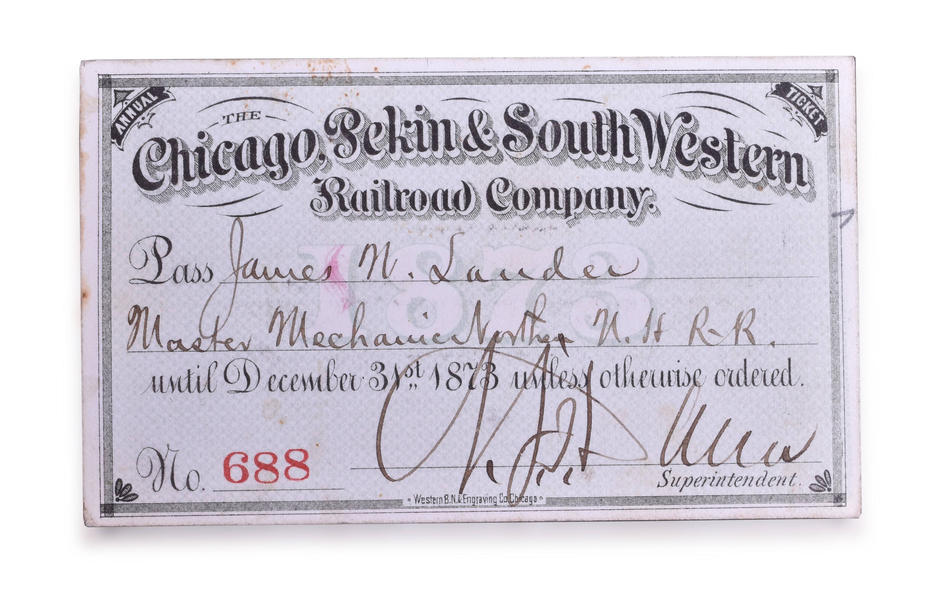 4113 - Chicago, Pekin & South Western Railroad 1873 Annual Pass thumbnail