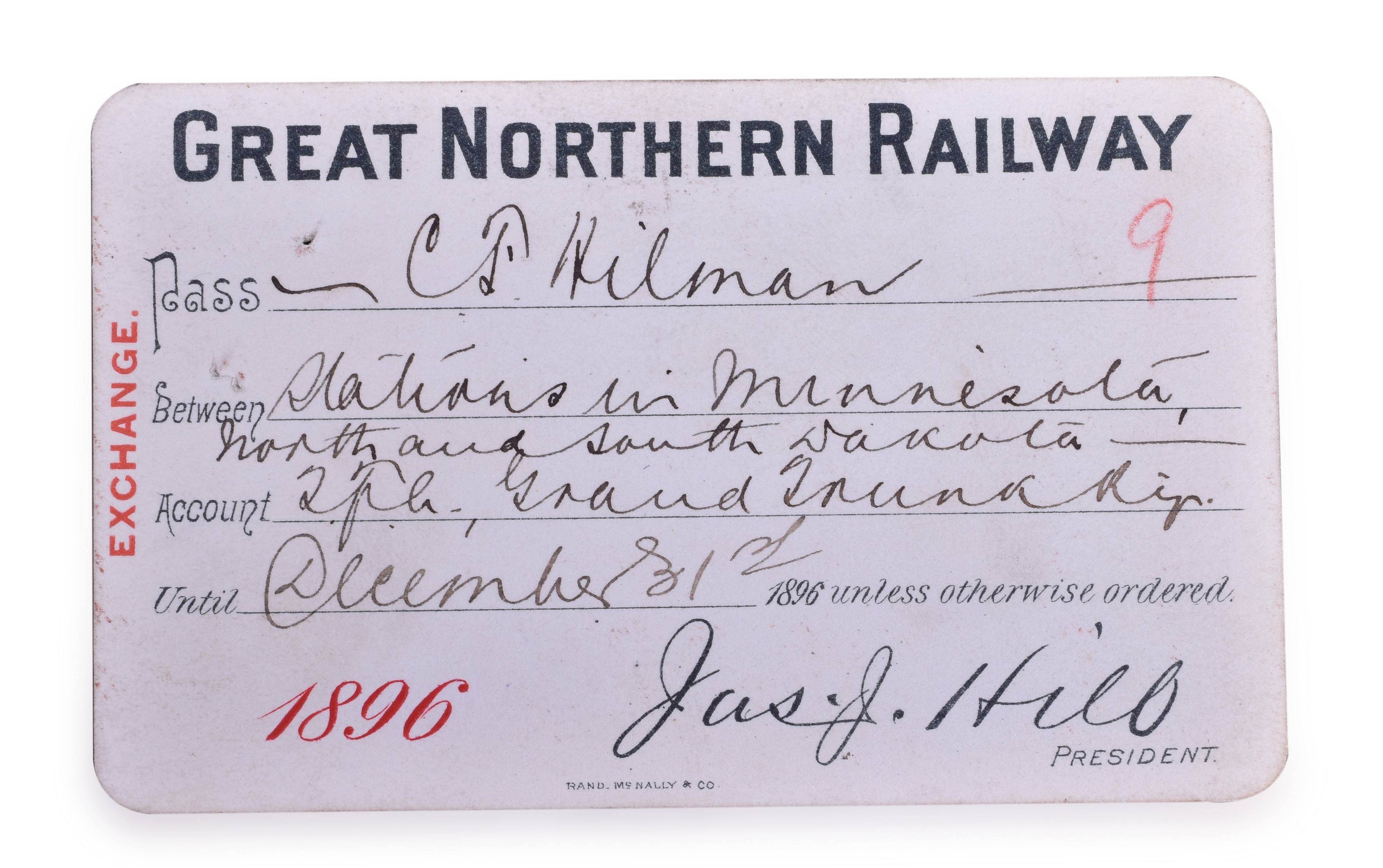4117 - Great Northern Railway 1896 Annual Pass - President Signed thumbnail