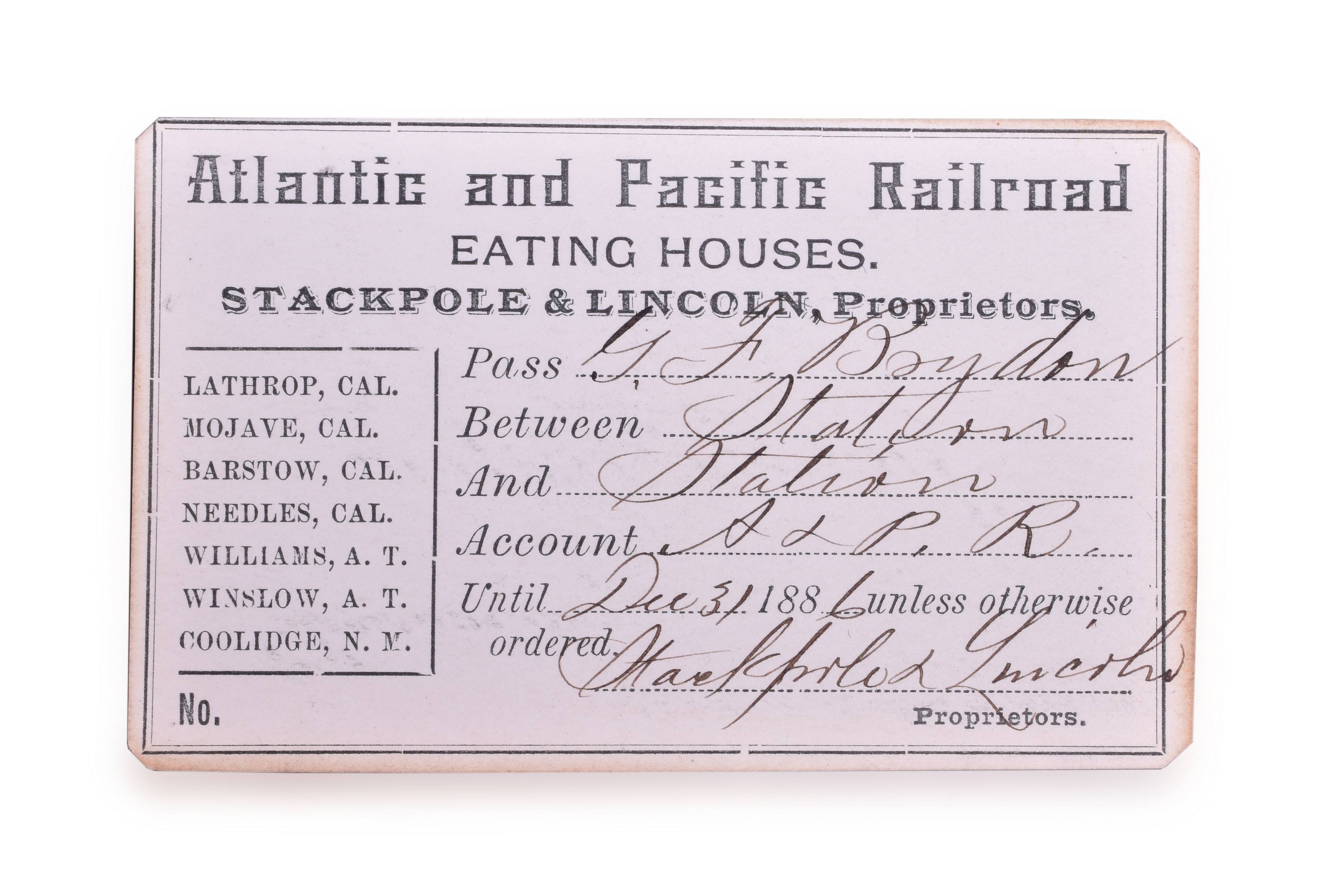 4121 - Atlantic and Pacific Railroad 1886 Eating House Pass thumbnail