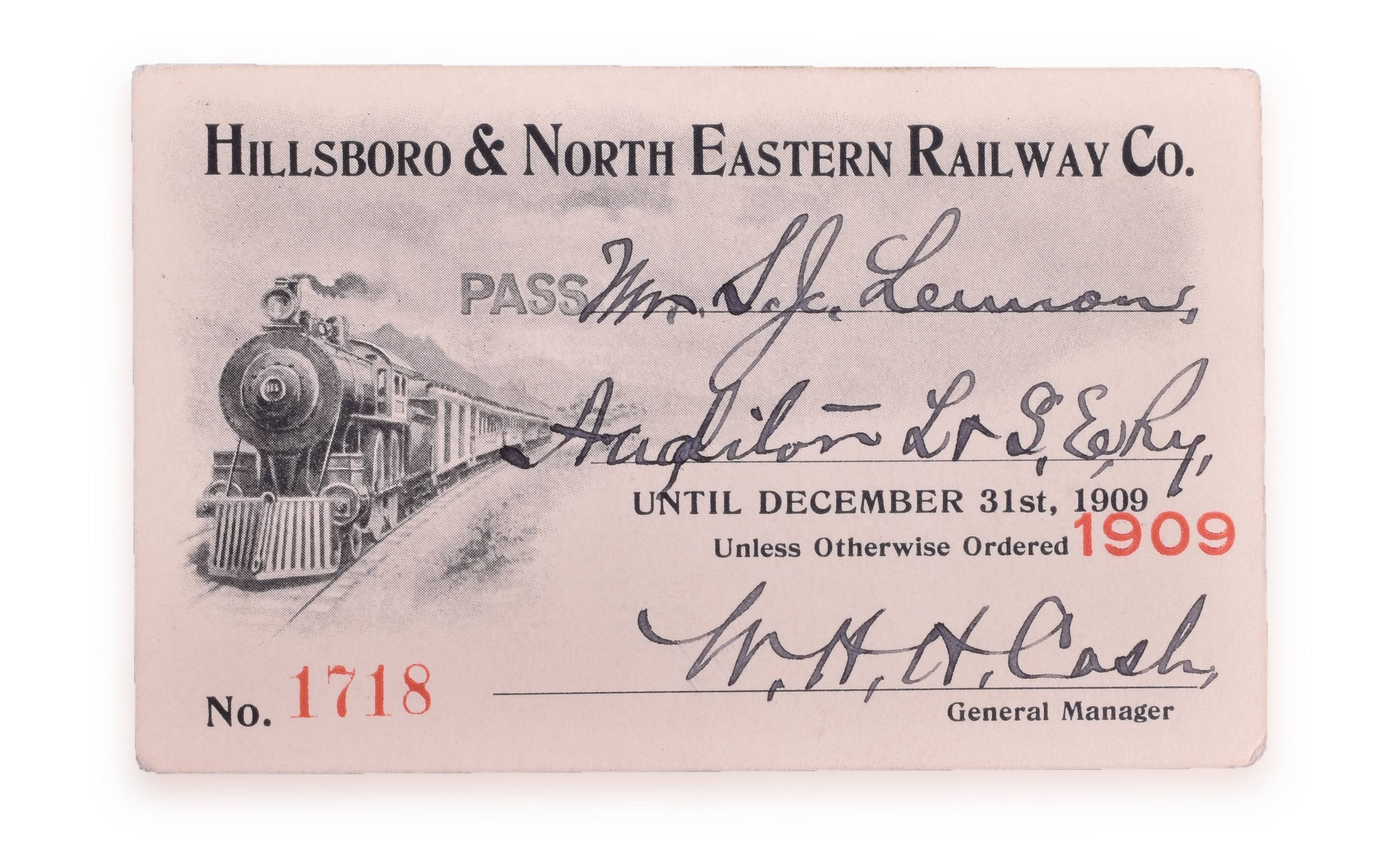 4123 - Hillsboro & North Eastern Railway 1909 Annual Pass thumbnail