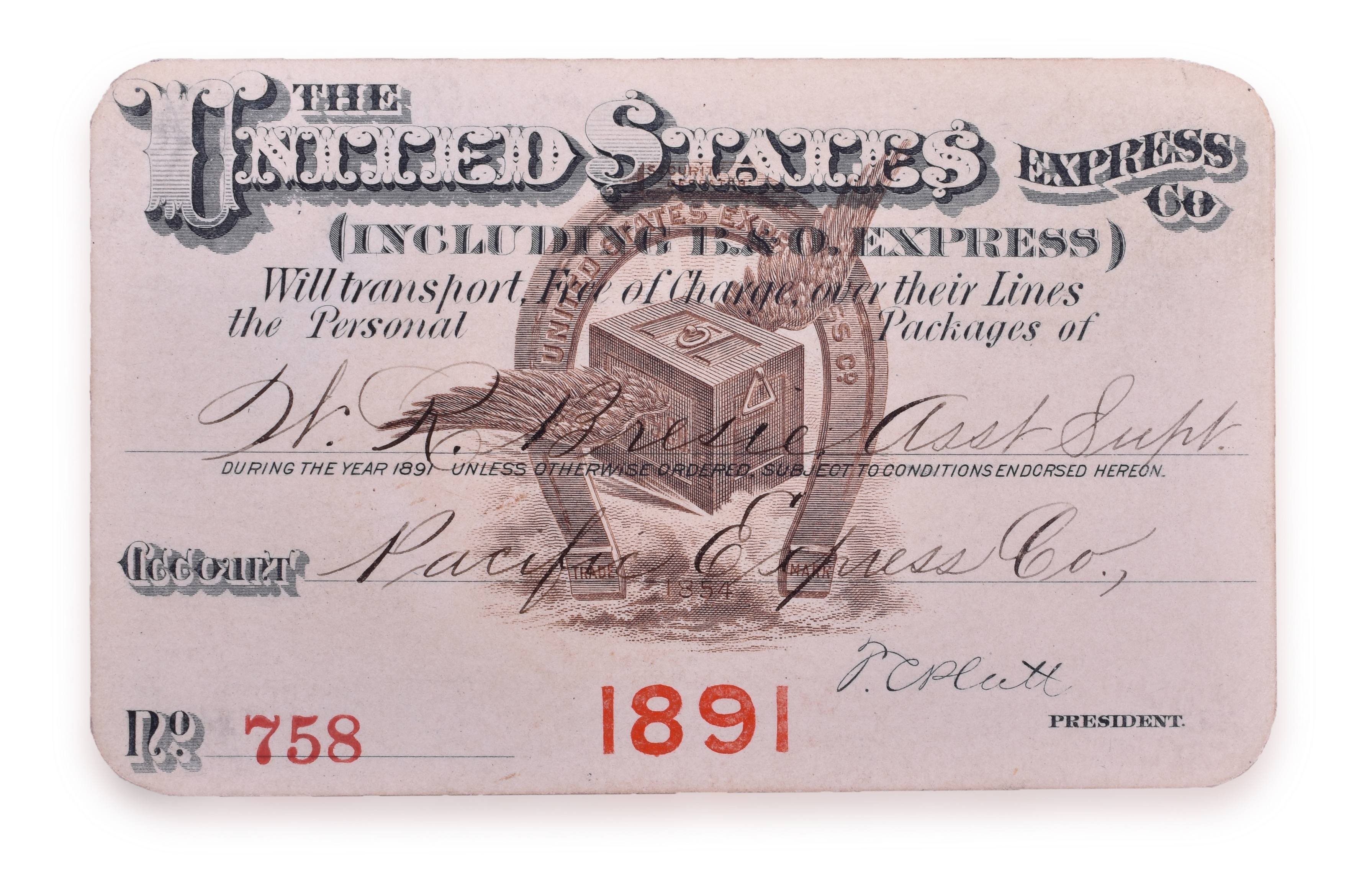 4127 - The United States Express Co / Baltimore and Ohio Express 1891 Personal Package Transportation Pass thumbnail