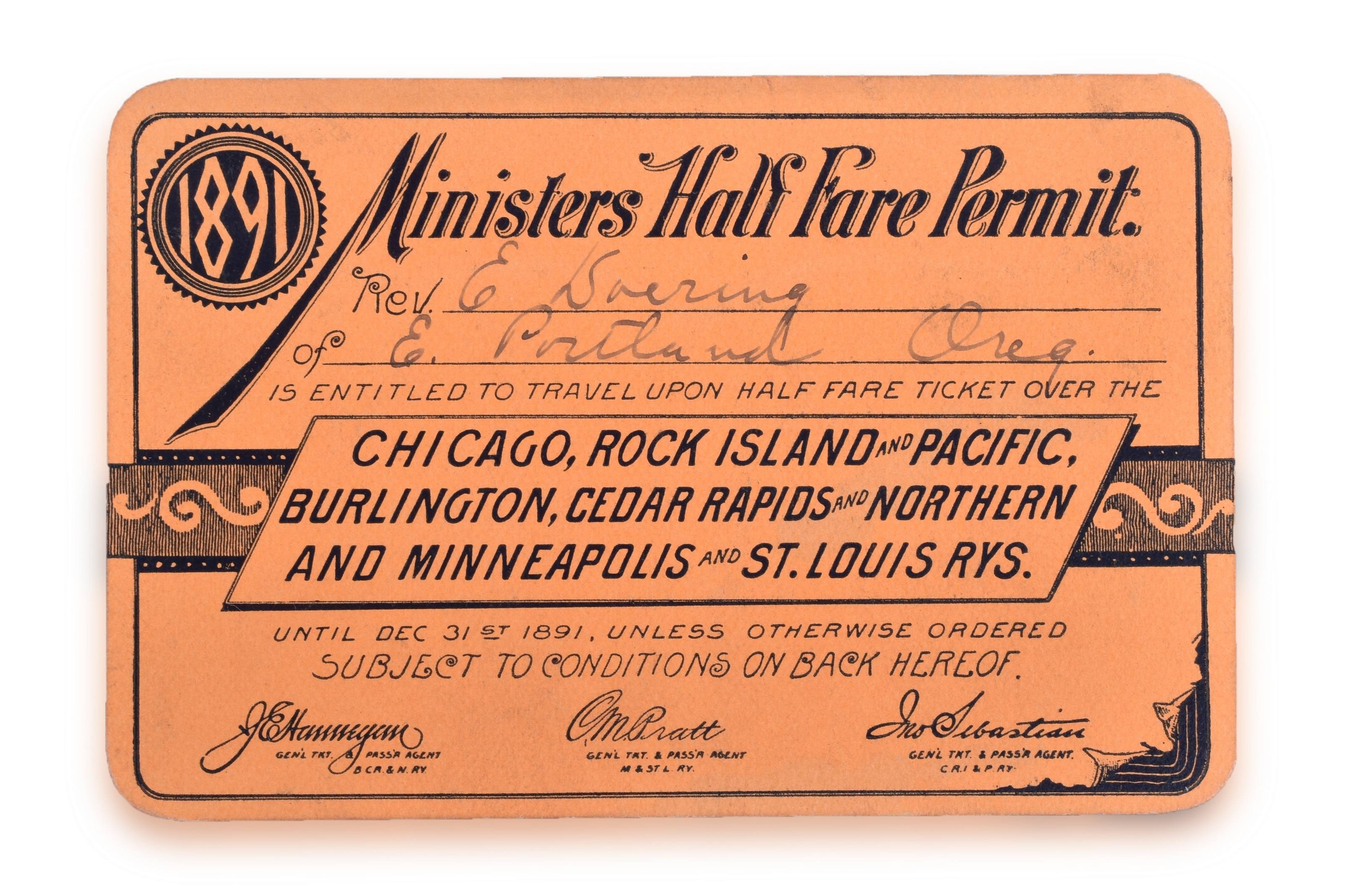 4129 - Chicago, Rock Island and Pacific 1891 Ministers Half Fare Pass thumbnail