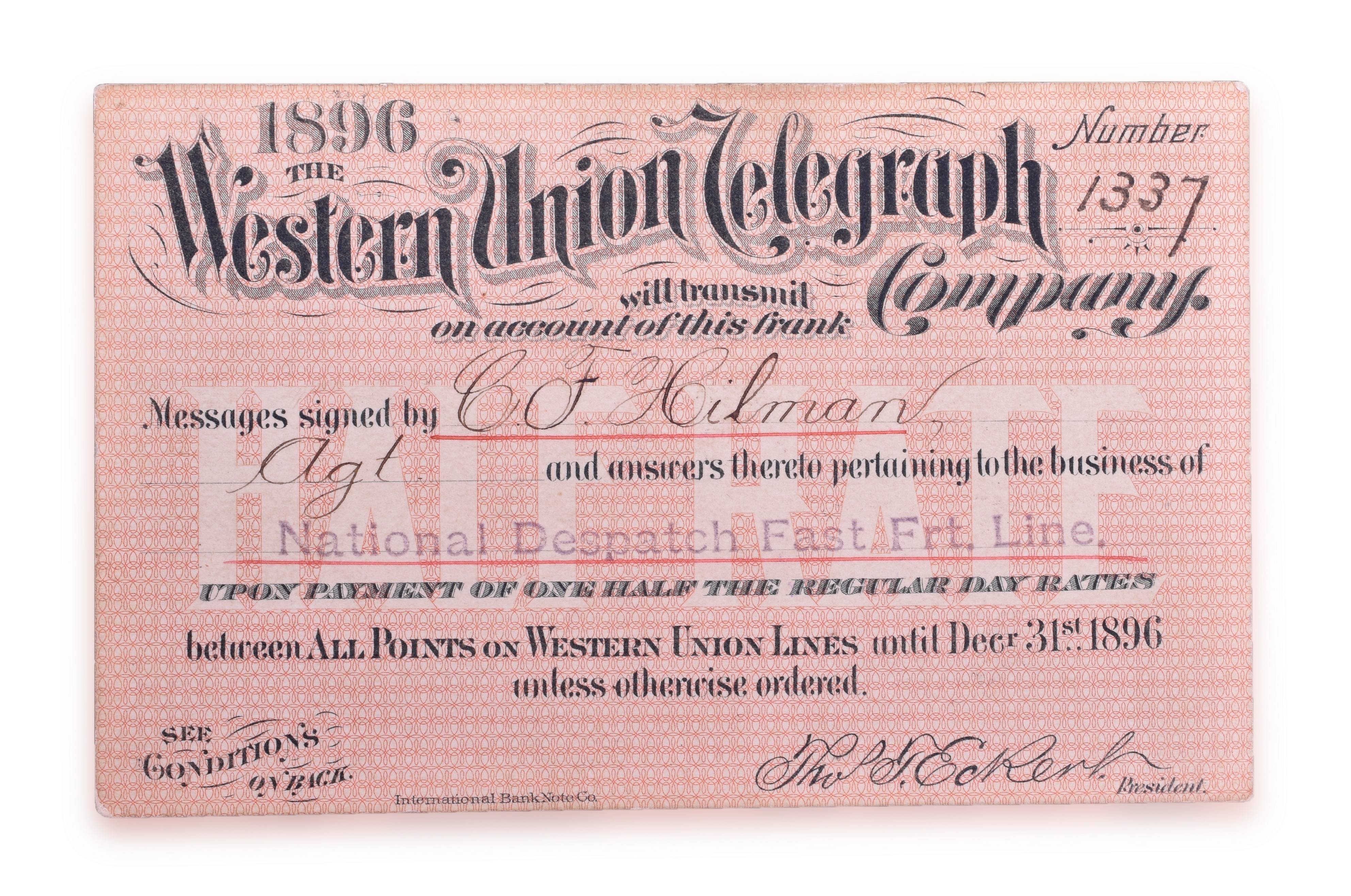 4131 - Three Western Union Telegraph Company Transmission Passes - 1886,1896, 1924 thumbnail