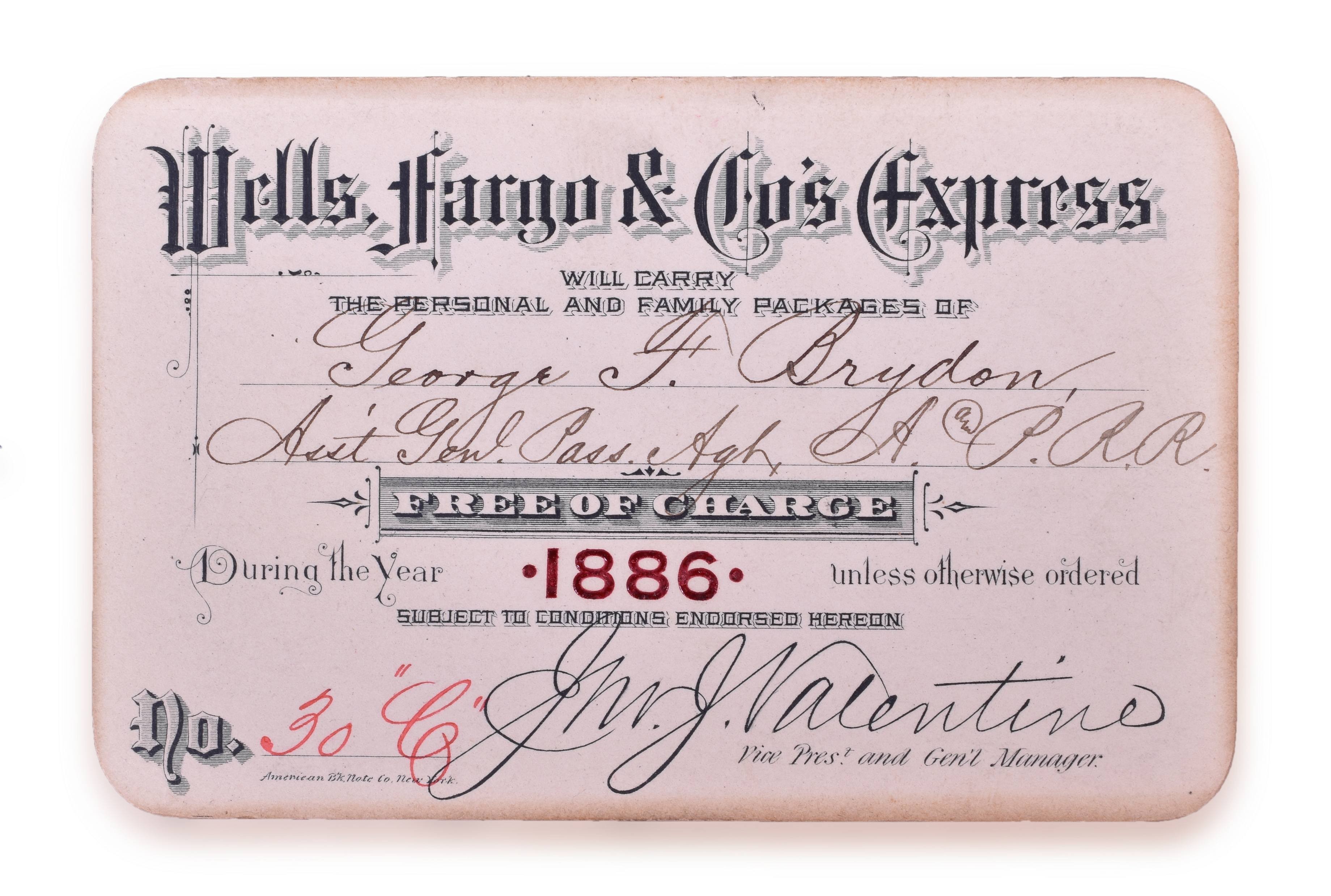 4135 - Wells Fargo & Co. Express Package Annual Pass for 1886 - Low Number thumbnail