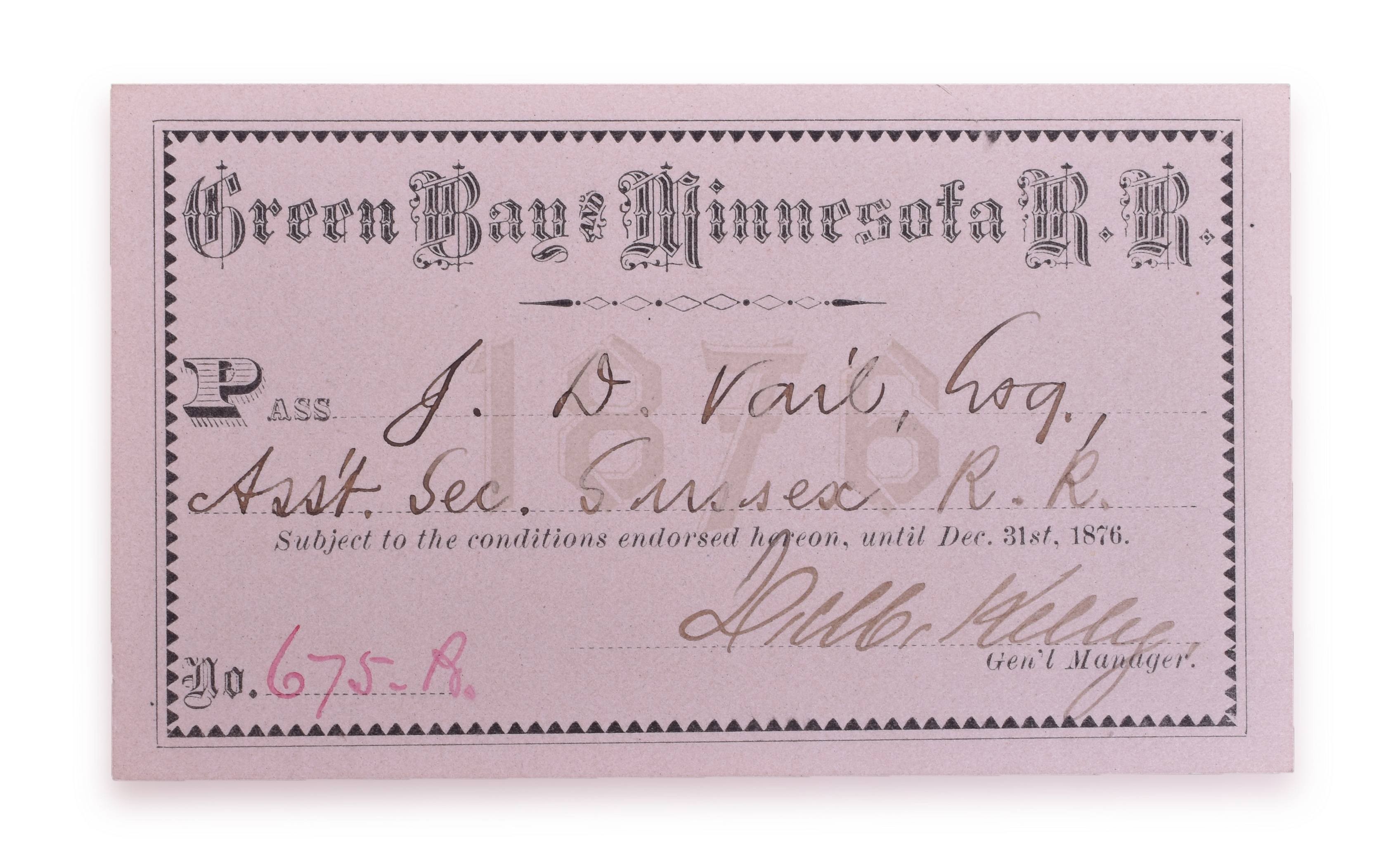 4143 - 1876 Green Bay & Minnesota Railroad Annual Pass thumbnail