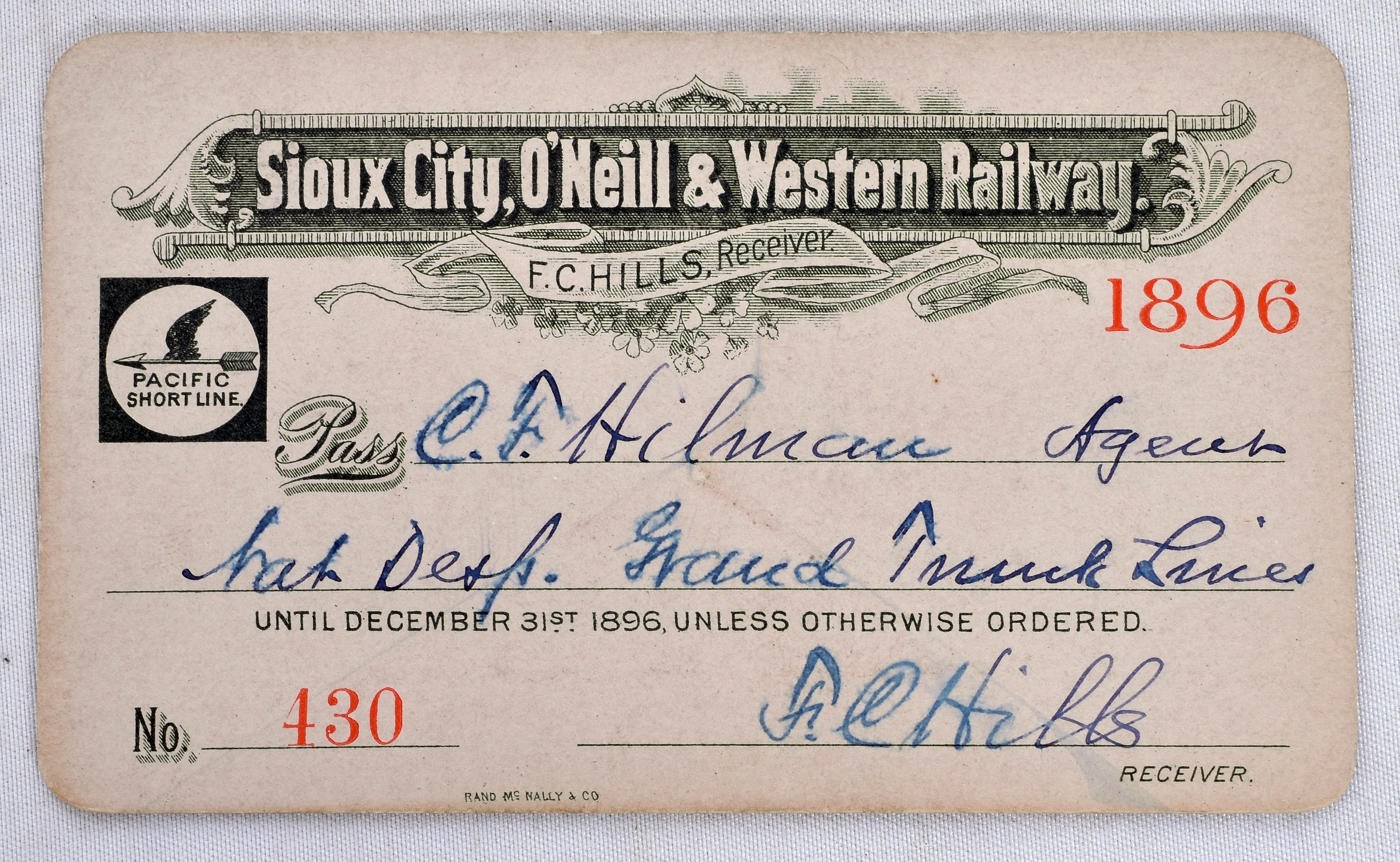4145 - Sioux City, O'Neill & Western Railway 1896 Annual Pass thumbnail