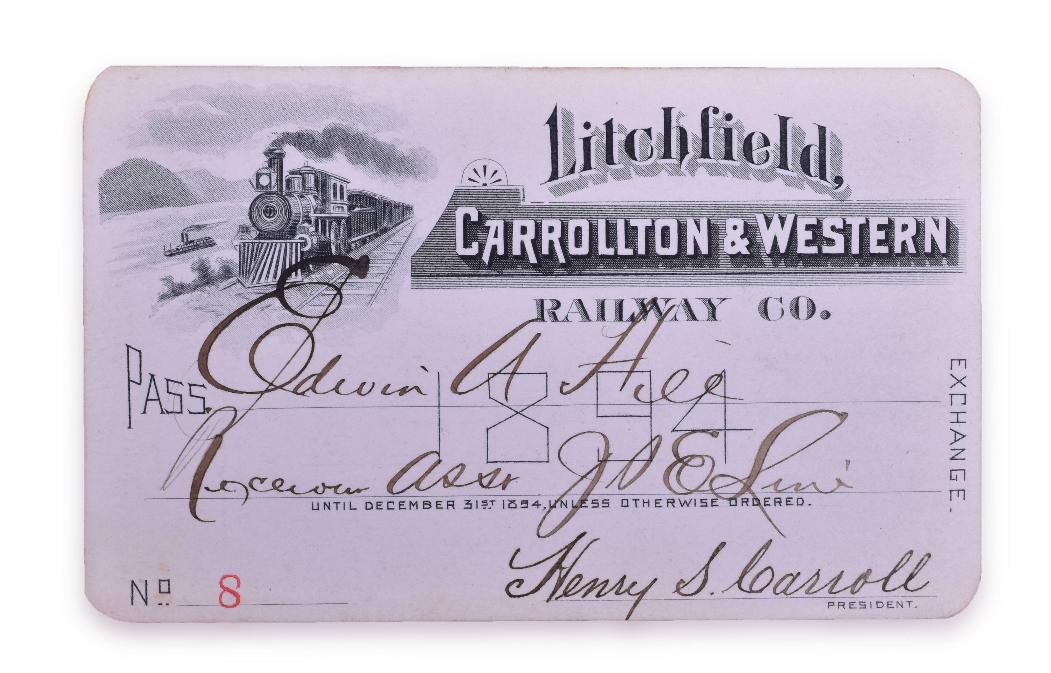 4149 - Litchfield, Carrollton & Western Railway Co. 1894 Annual Pass - Low Number, Presidential Signature thumbnail