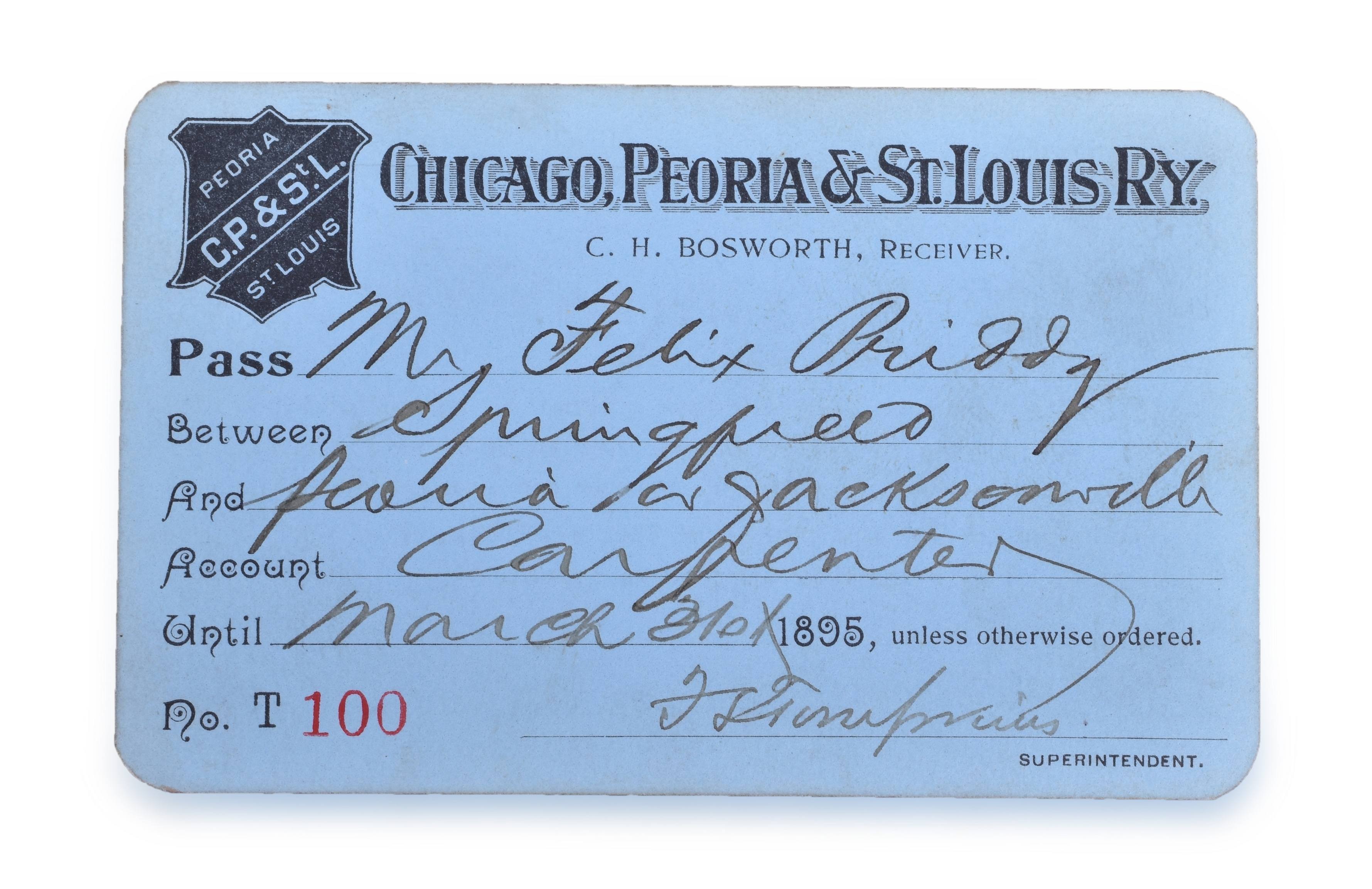 4151 - Chicago, Peoria & St. Louis Railroad 1895 Pass thumbnail