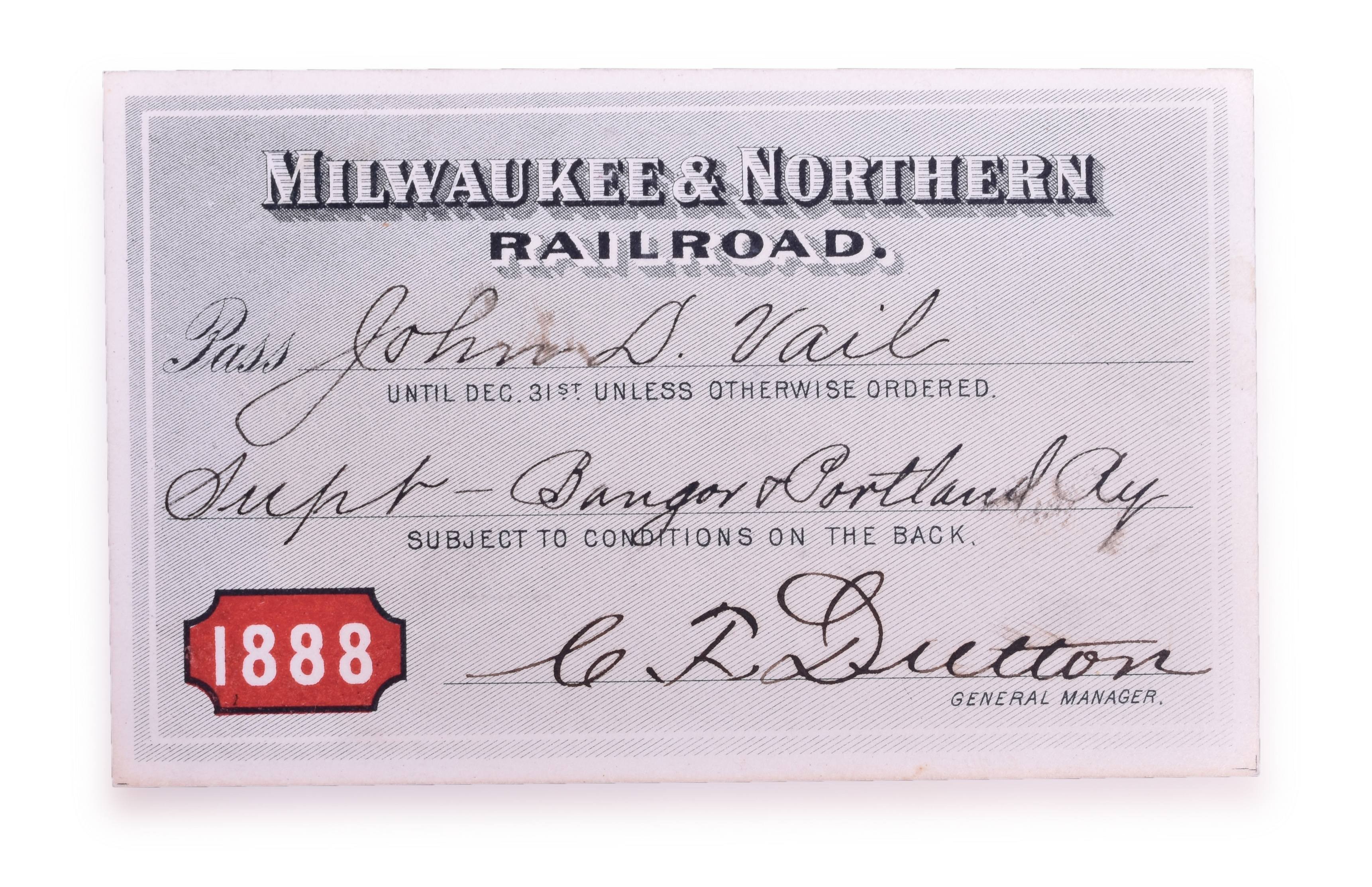 4153 - 1888 Milwaukee & Northern Railroad Annual Pass thumbnail