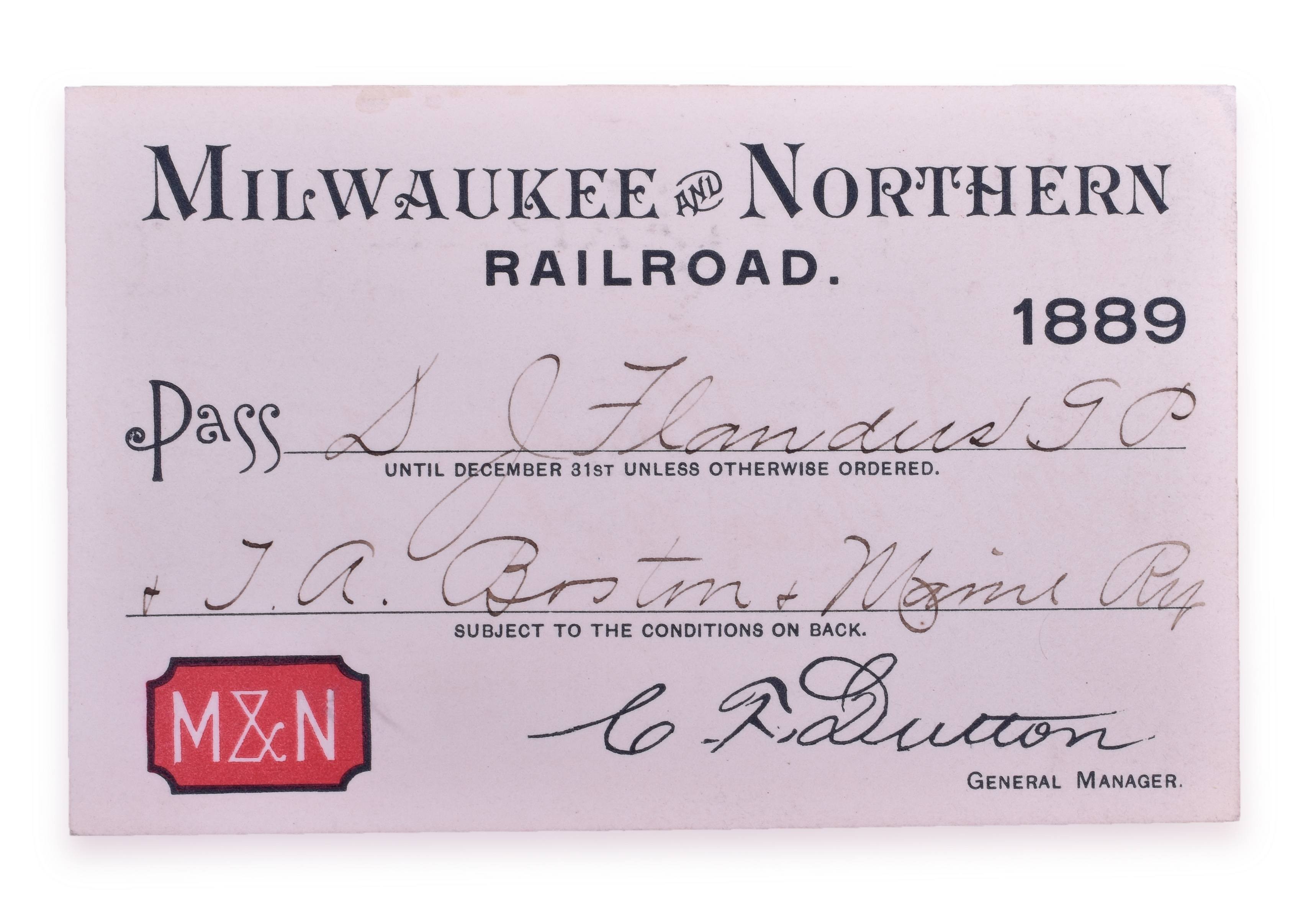 4155 - 1889 Milwaukee & Northern Railroad Annual Pass thumbnail
