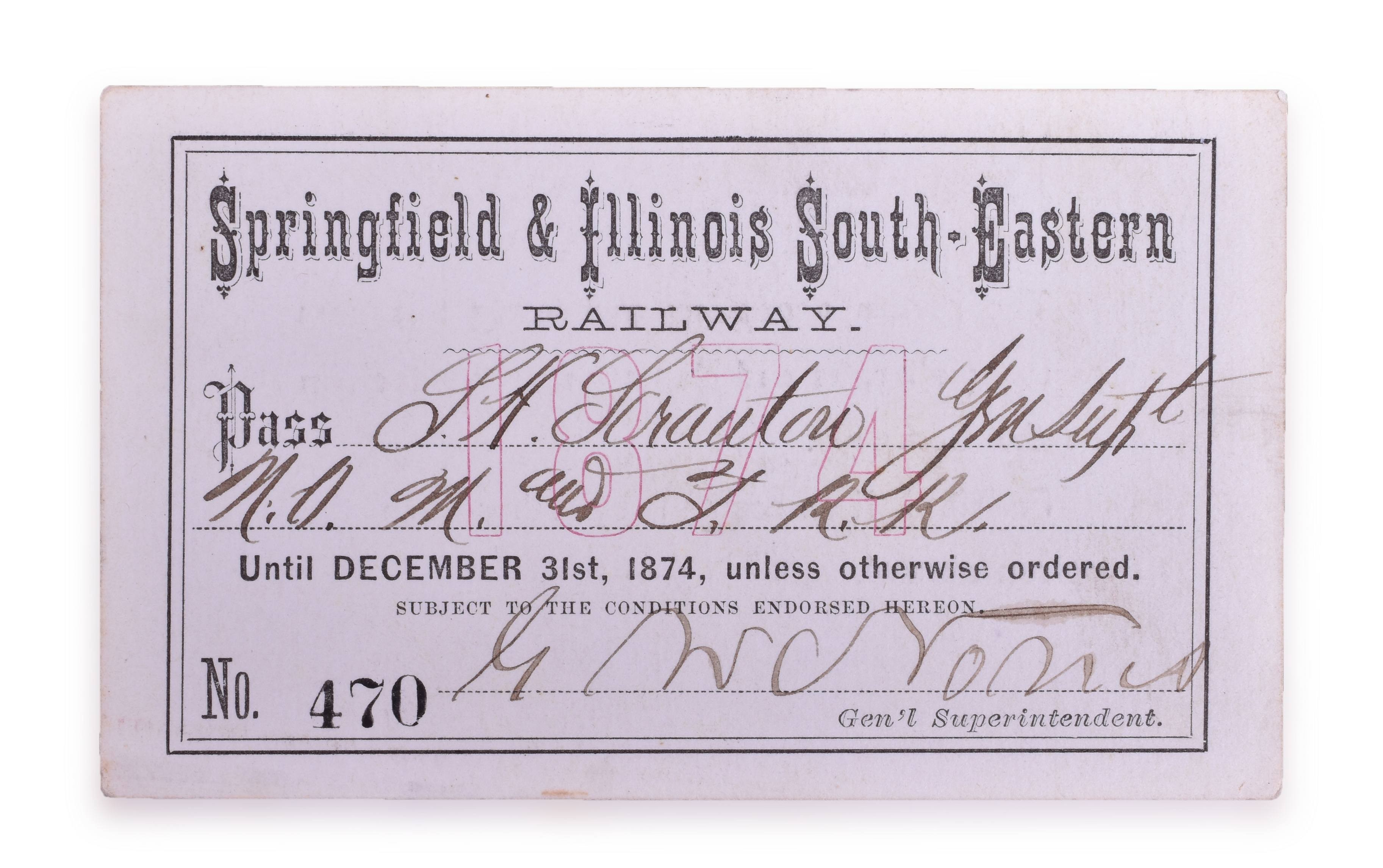 4157 - Springfield & Illinois South Eastern Railway 1874 Annual Pass thumbnail