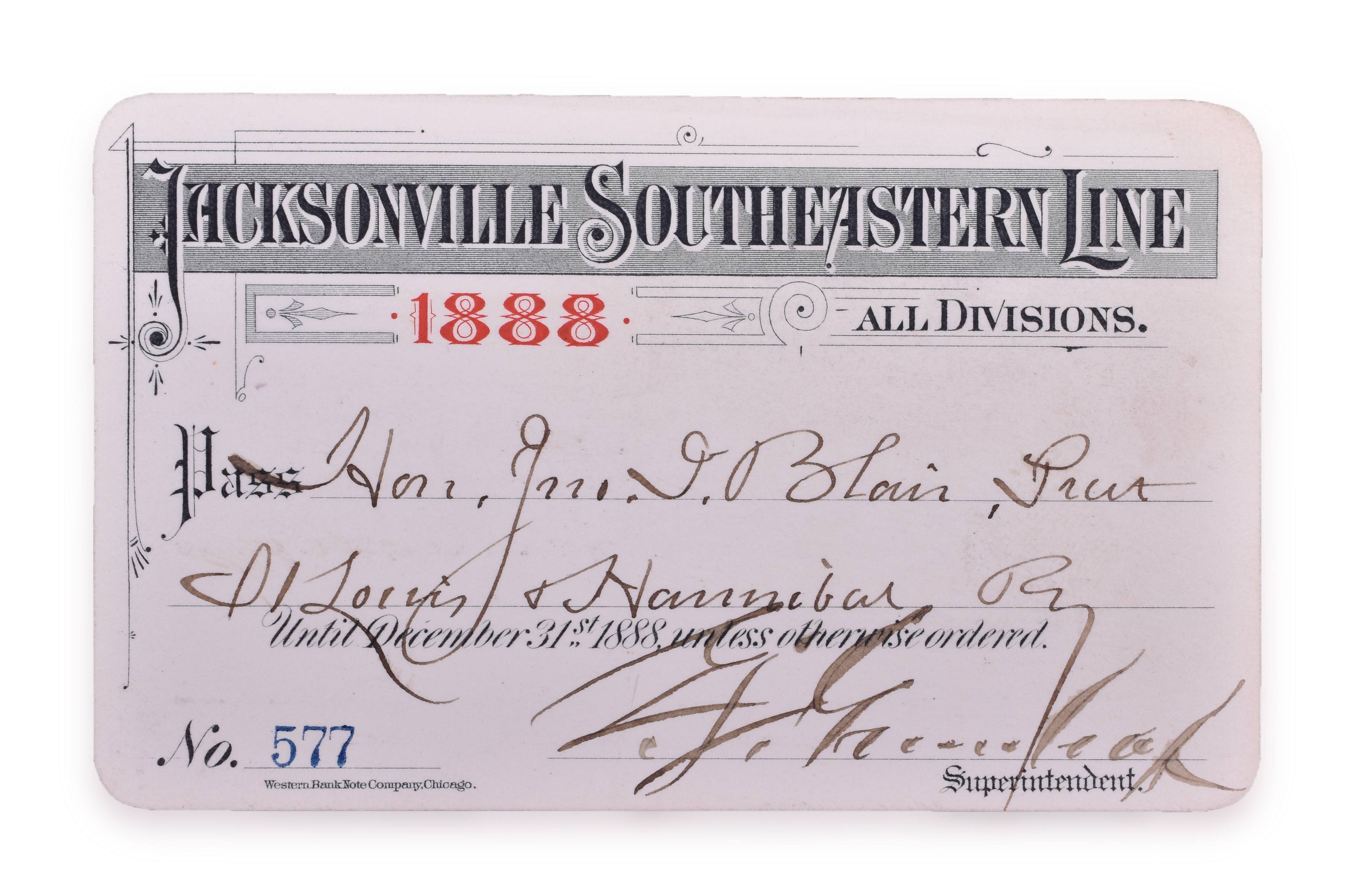 4165 - Jacksonville Southeastern Line 1888 Annual Railroad Pass thumbnail